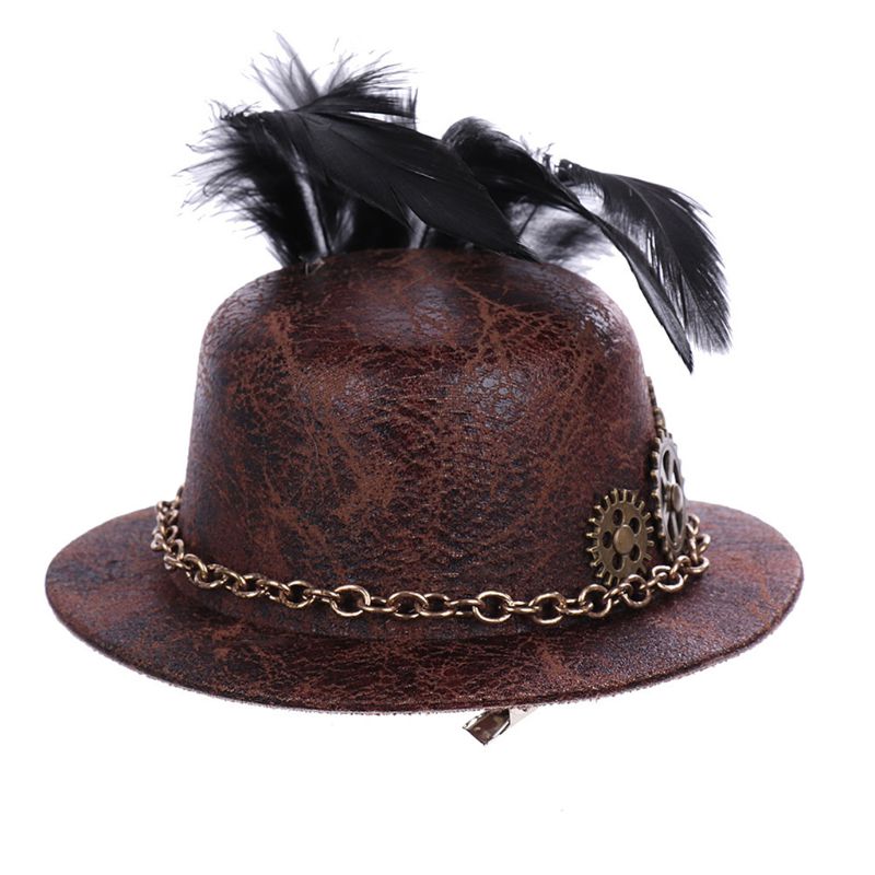 Frauen Mädchen Vintage Mini Top Hut Steampunk Haar Clip Gears Feder Goth Headwear – Detail 7