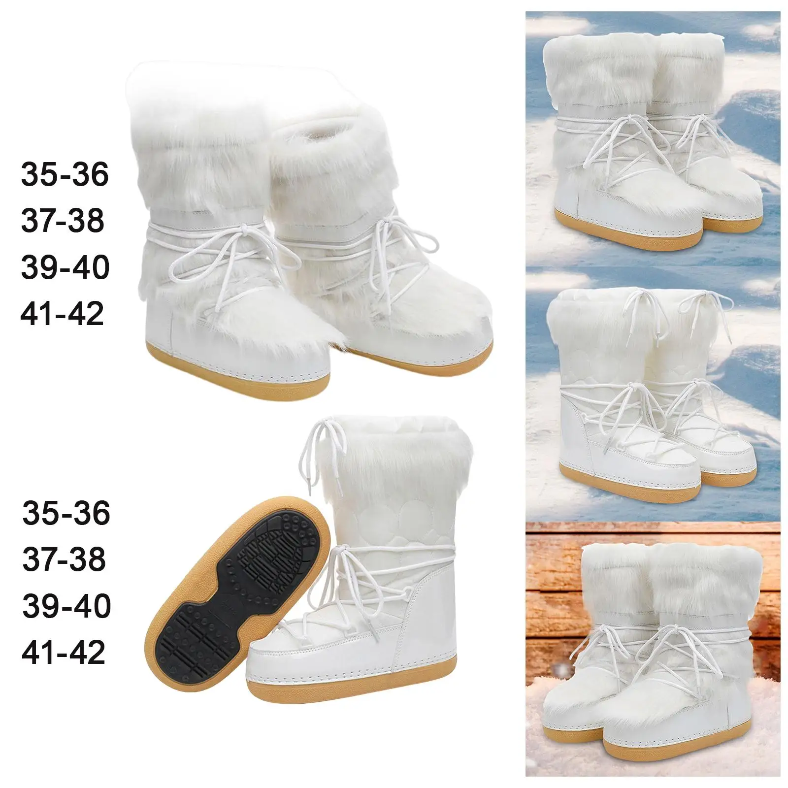 Women`s Snow Boots White Ski Boots Mid Calf Booties Lace up Water Resistant Long Boots Comfortable for Outdoor Trail Work Ladies