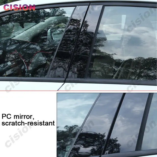 8x Mirror Effect Car Window Door Column B C Pillar Post Cover Trim For BMW  X5 E53 2000-2006 Glossy Black Carbon Fiber PC Sticker