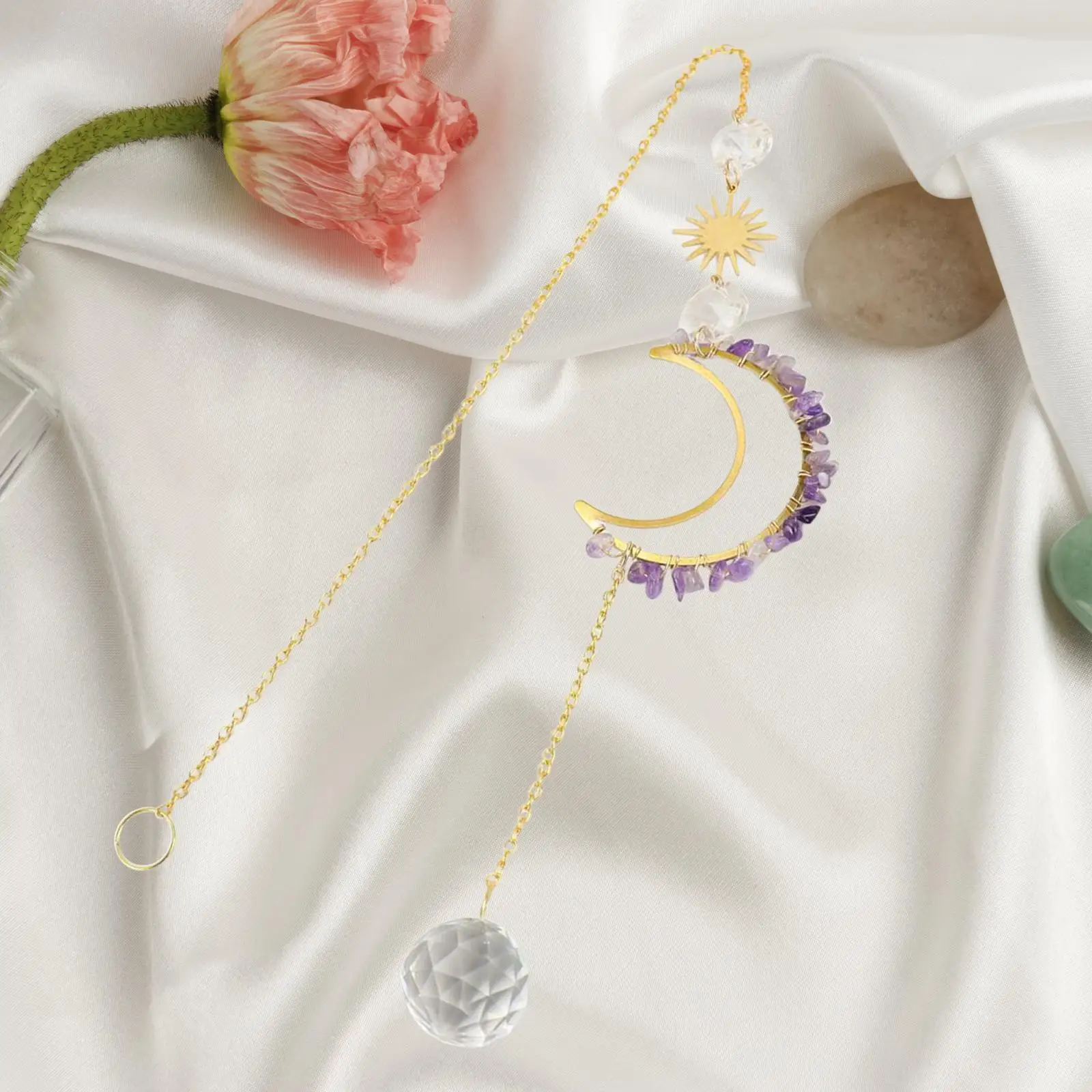 Moon Pendant for Window Crystal Wind Chime Pendant with Chain Rainbow Effect for