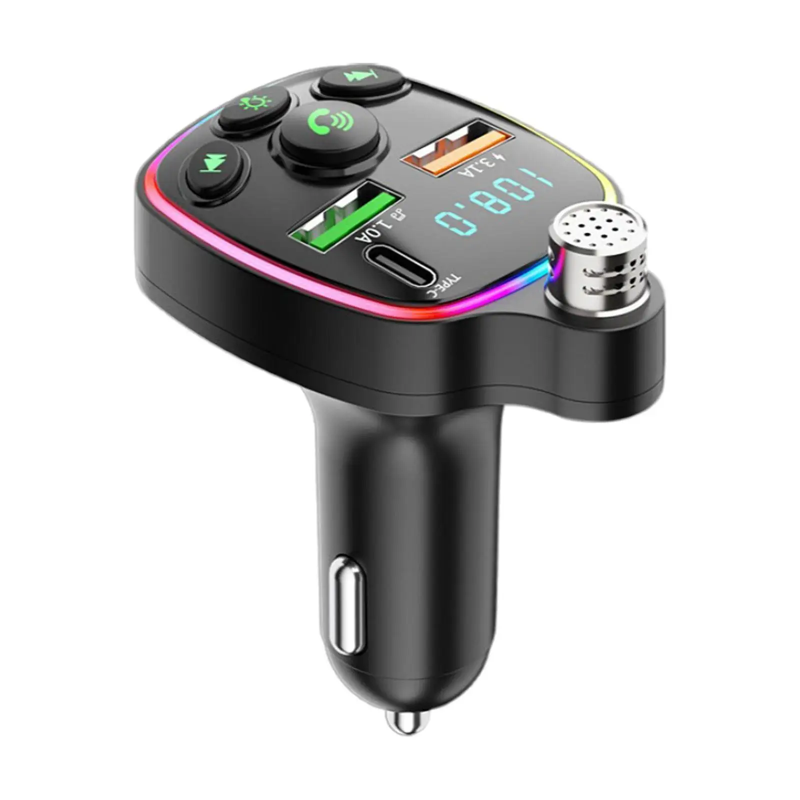 Car Adapter Support U Disk Handsfree Calling Fast Charging Color LED Backlit Portable Audio Receiver Car Charger FM Transmitter