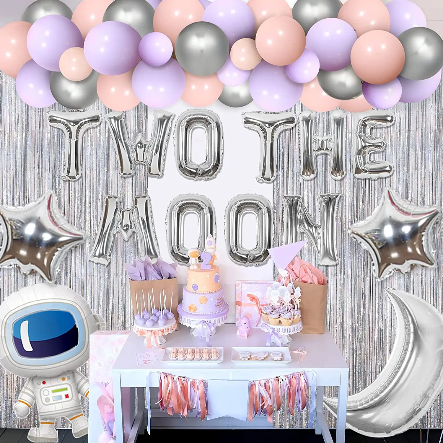 Moon Foil Balloon, Silver Curtain, 2nd Birthday Decoration