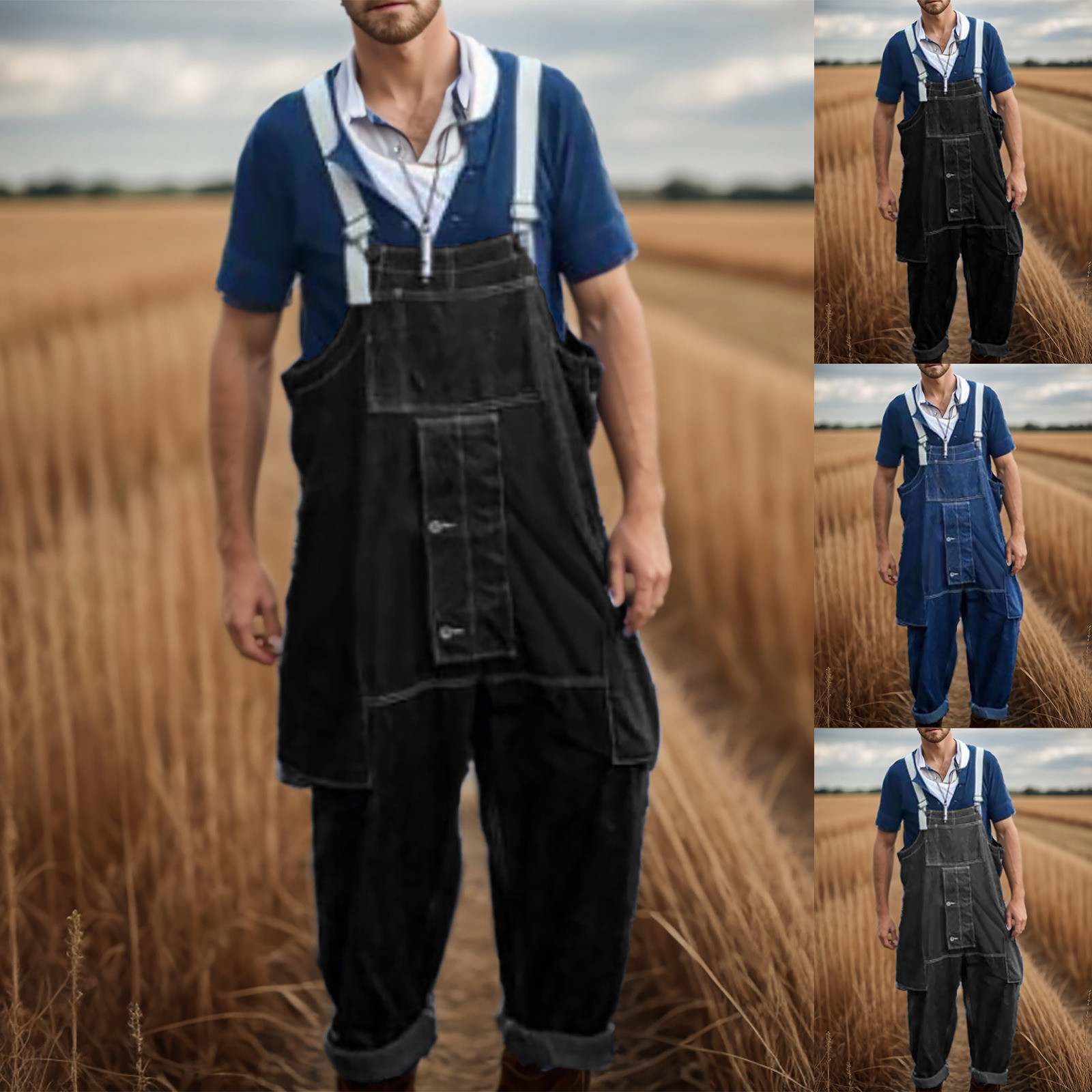 Description Picture 2 of itemMen's Bib Overalls Fashion Relaxed Fit Casual Jumpsuit Cotton Lightweight Overalls With Body on Buckle High Neck Jumpsuit