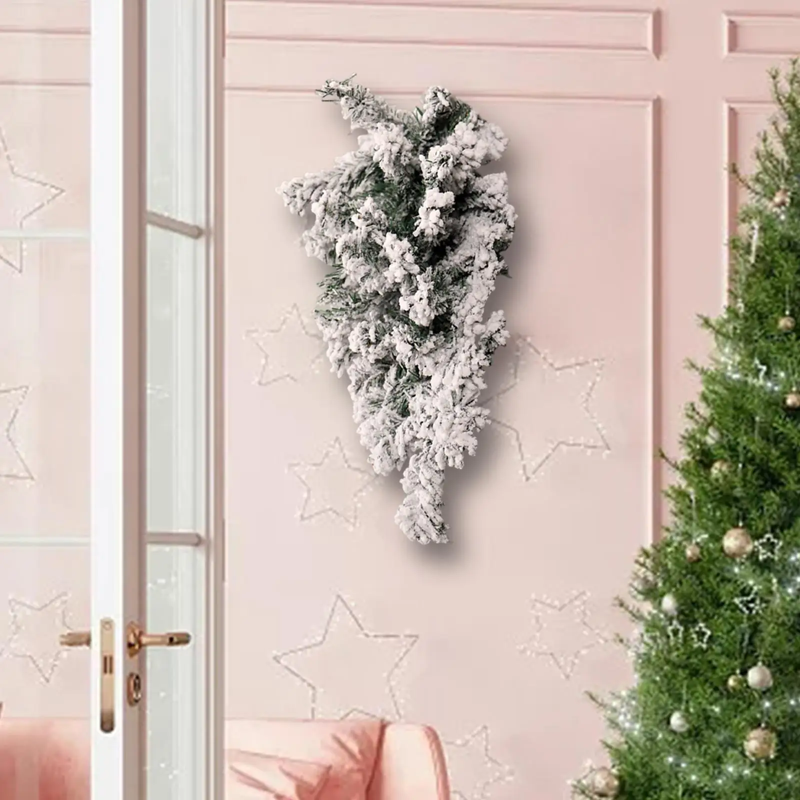 Artificial Christmas Teardrop Swag Door Wreath Fairy Light Snow Flocked Garland Window Holiday Home Wall Hanging Wreath Decor