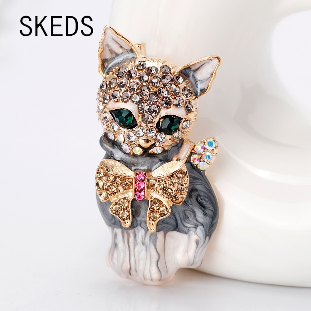 Nette Luxus Emaille Katze Broschen für Frauen Mode Strass Elegante Kitty Brosche Pin Kristall Tier Pins Schmuck Zubehör – Detail 1