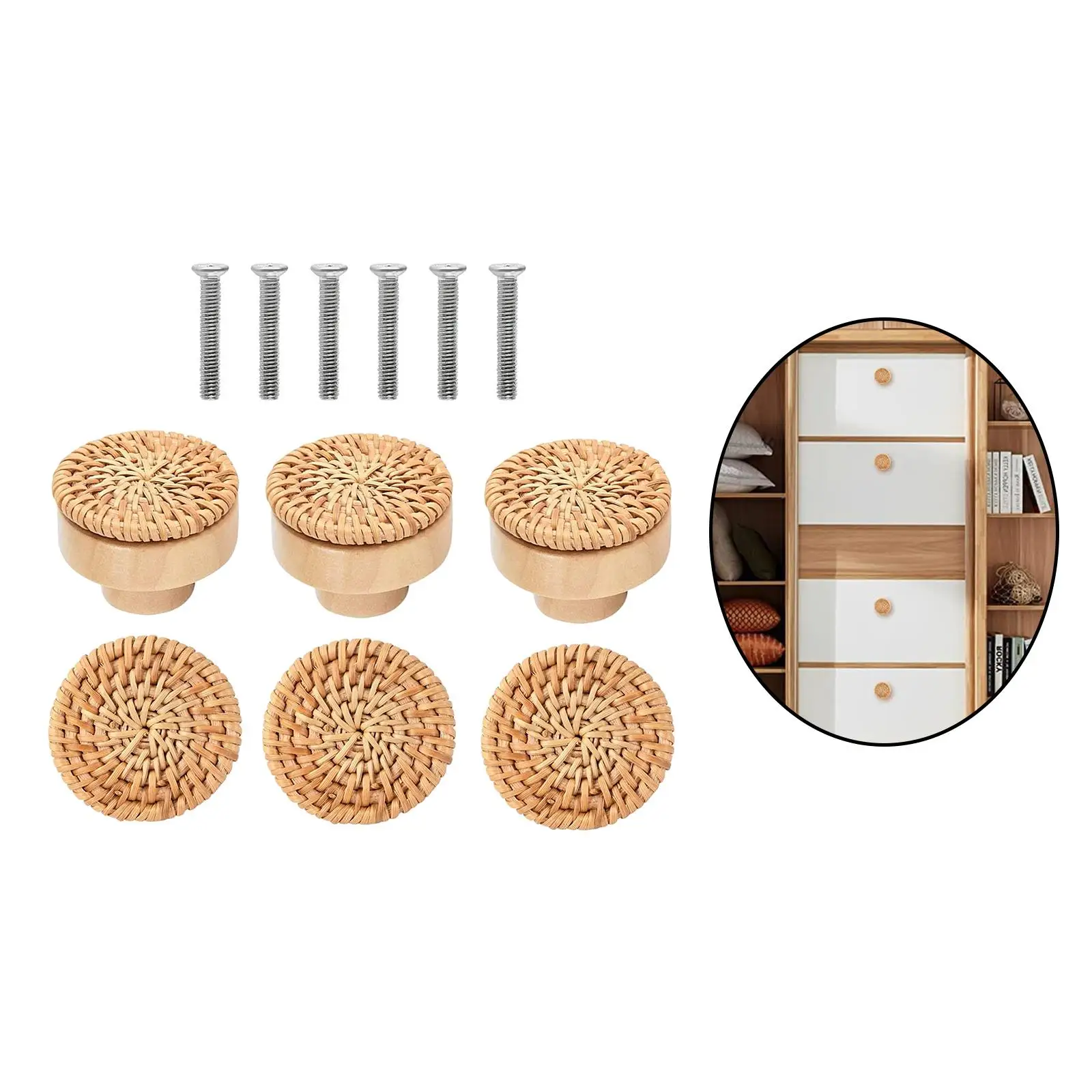6x Rattan Drawer Knobs Easy to Install  for Cabinet Door Ornament