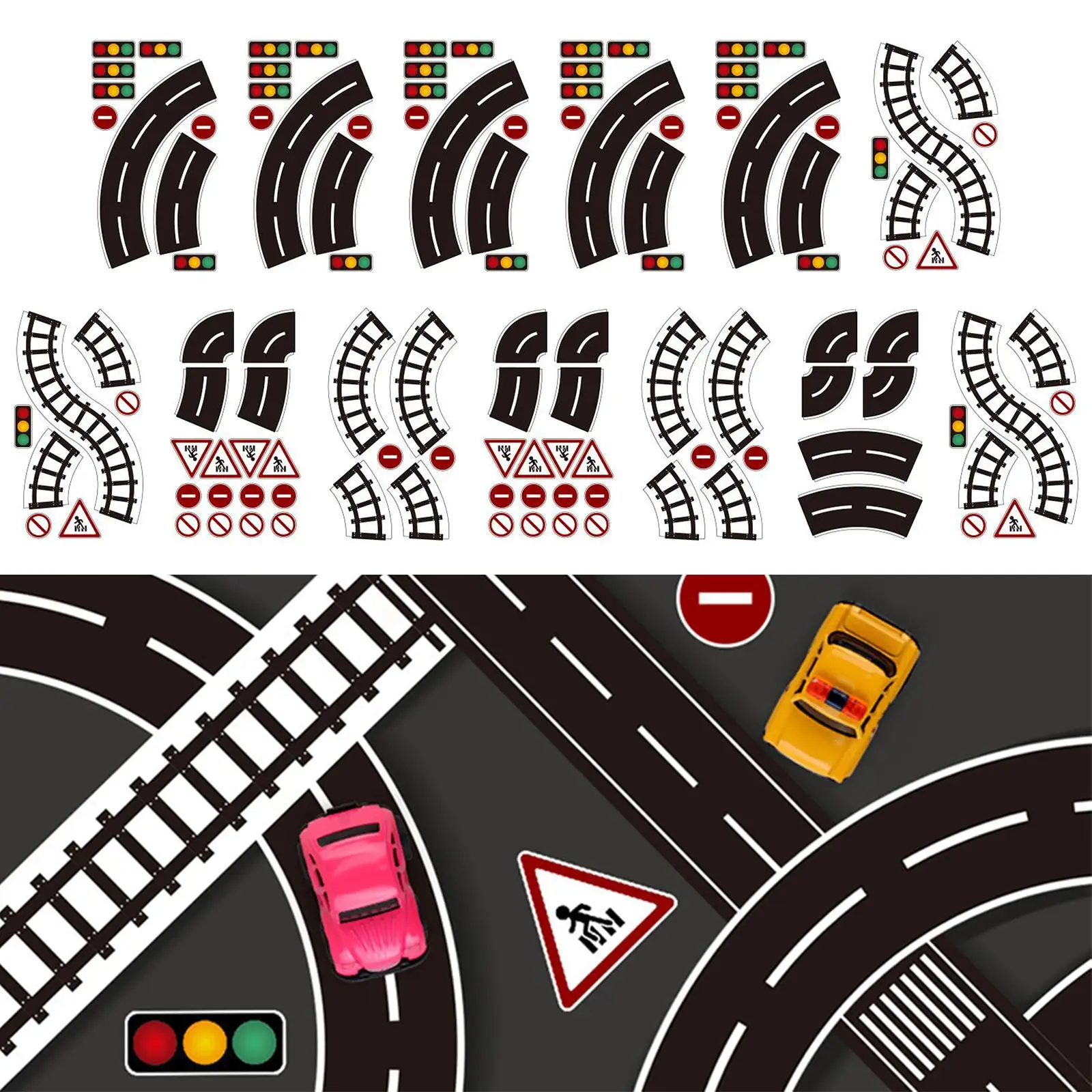 16 Pieces Race Car Track Road Tape Traffic Sign Stickers Train Track Model Black Road Tape DIY Traffic Sign Traffic Road Sticker