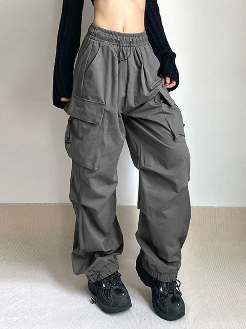Comprar Pantalones negros de paracaídas de pierna ancha para mujer,  pantalones informales de gran tamaño Vintage de los años 90, ropa de calle  de moda Gorpcore Harajuku para mujer