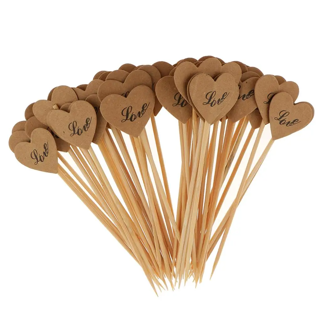 Brown Paper Rustic Heart Cupcake Cake Topper Flags Pick Wedding Party Decor 