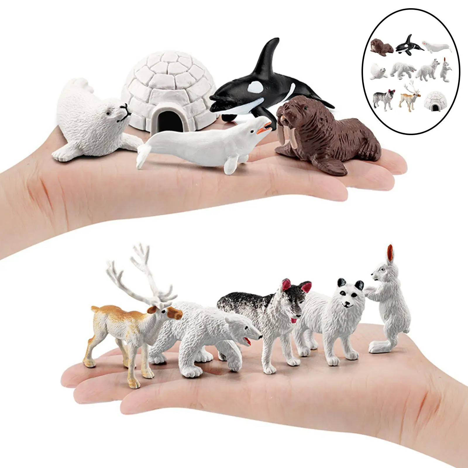 10 PCS Arctic Circle Sea Animals Figurines, Resin Arctic Animal Figure Set Includes Polar Bear,Caribou,Whales,Walrus,Igloo etcs