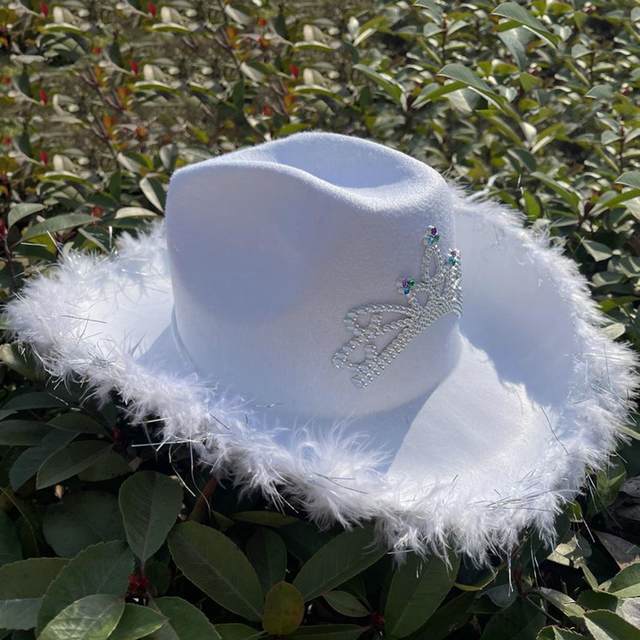 Cow Girl Hat Feather Brim Bride Cowboy Cap With Feather Crown