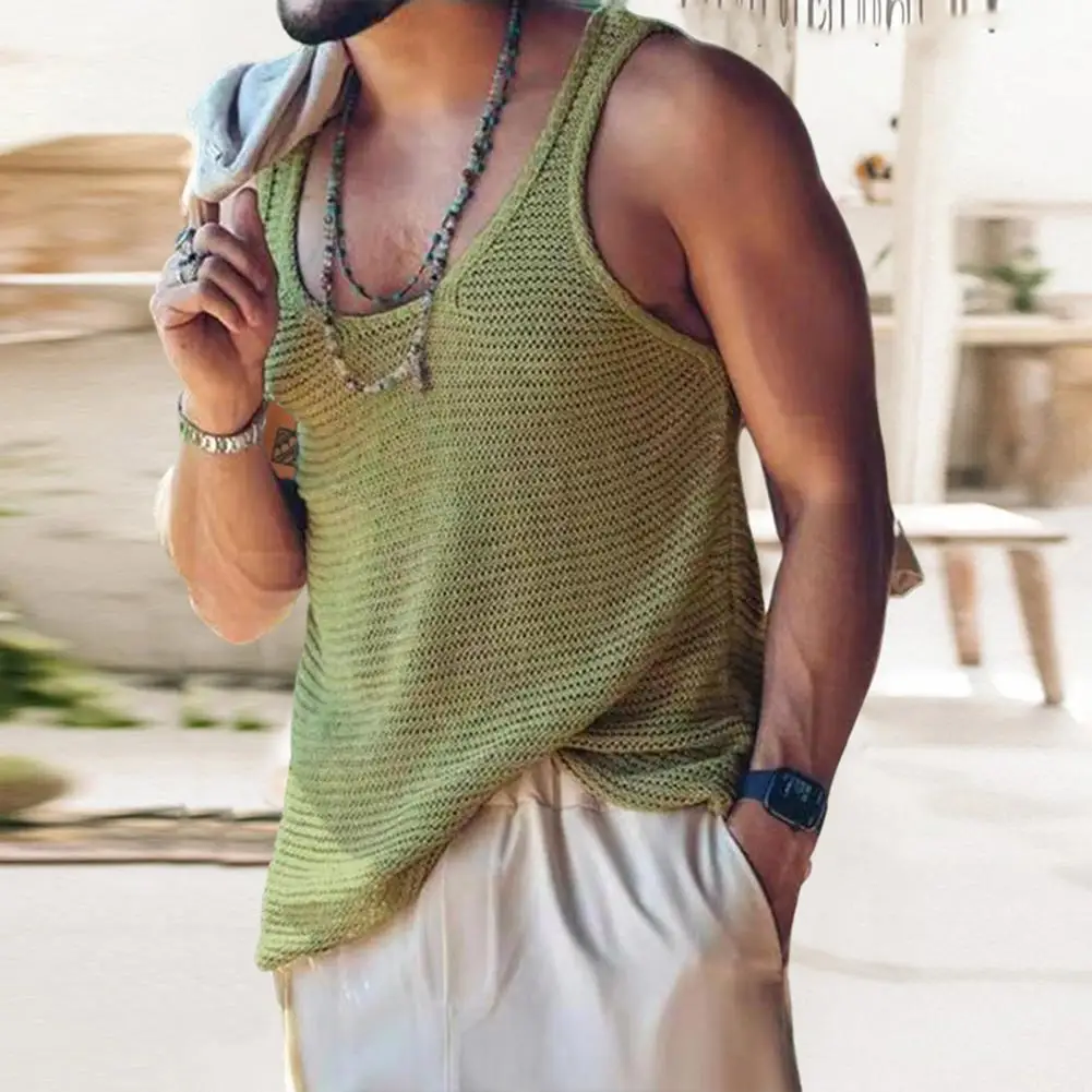 Summer Casual Solid Knitted Tank Tops Men Loose Crew Neck