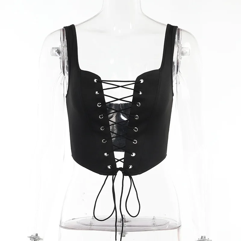 Gaono Women Y2K Bustier Corset Lace Up Strapless Gothic Punk Shoulder Slim Cami Tanks Sexy Clubwear Party Tube Crop Top