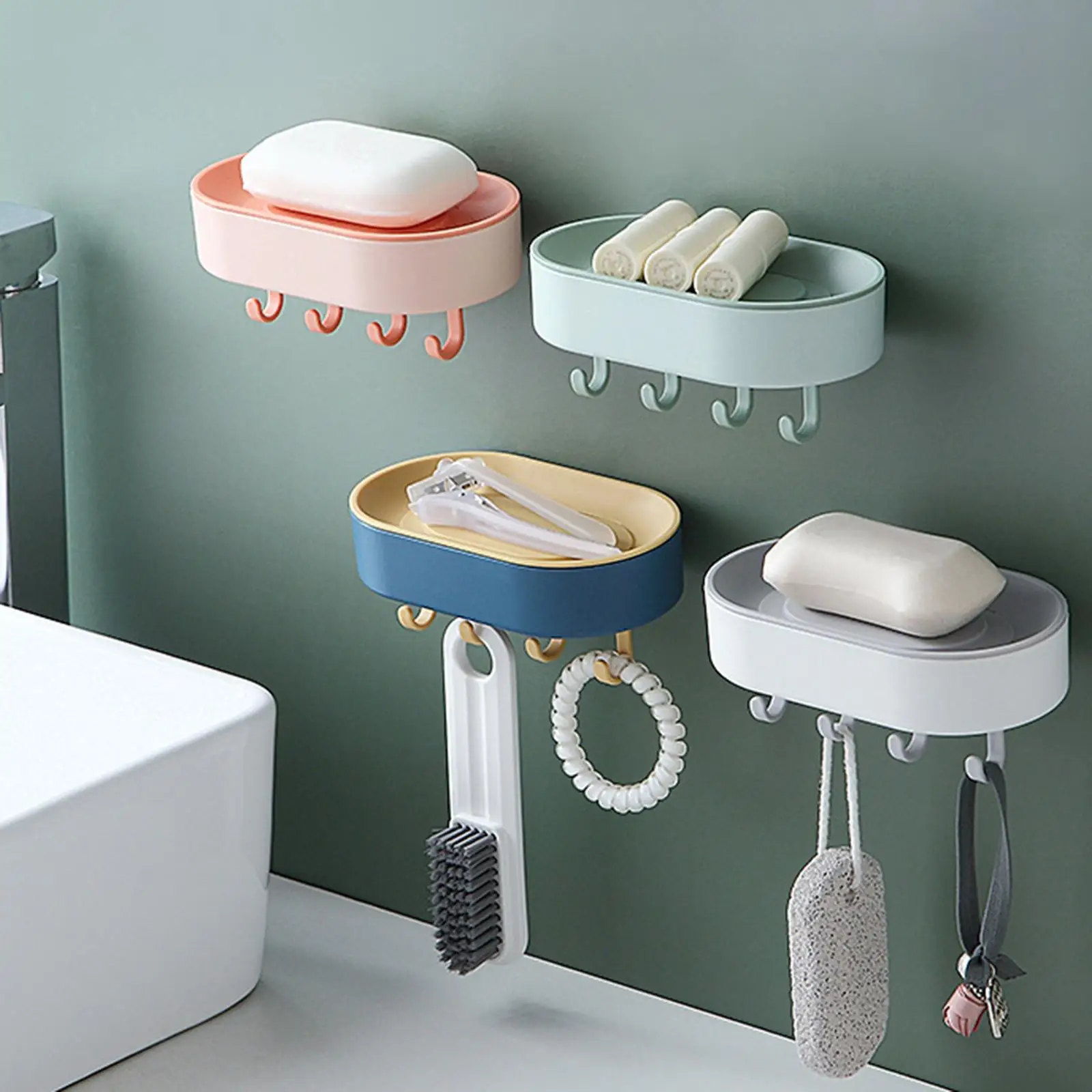 Wall Mounted Soap Dish Multipurpose Hanging Bathroom Organizer with Hook Kitchen Storage Rack Soap Sponge Rack for Bathroom