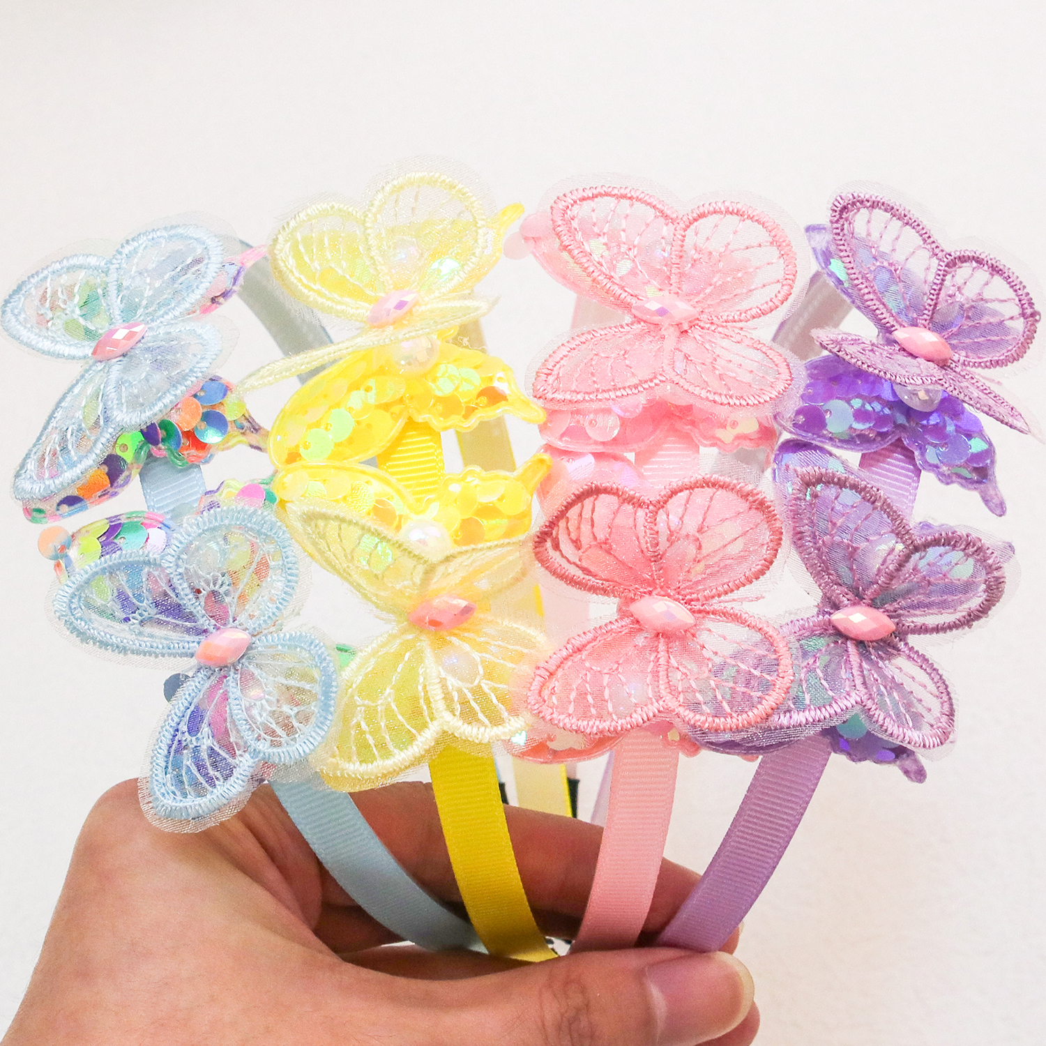Niedliche Schmetterlings-Stirnbänder für Mädchen, 5 cm, doppelte Pailletten, Schmetterlings-Haarbänder, Kinder-Haarreifen, Kinder- und Mädchen-Haar-Accessoires – Detail 3