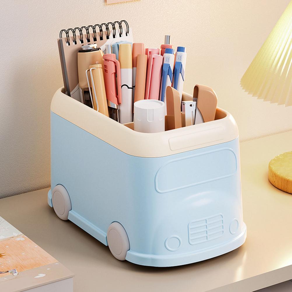 Desktop Pen Holder 3 Compartments Cute Bus Shape Multifunctional Stationery Pencil Organizer Container Storage Box
