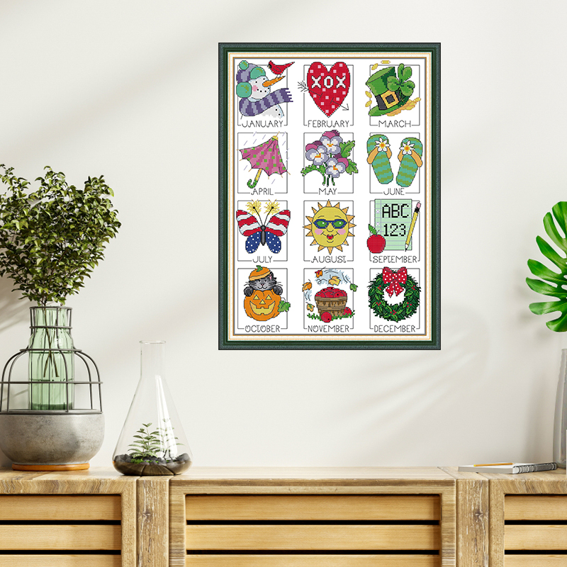 Joy Sunday Zwölf Monate bedruckte Kreuzstich-Sets Stoff DIY Folk Craft Kits Aida 16CT 14CT Home Deco Handgefertigtes Stickset – Detail 1