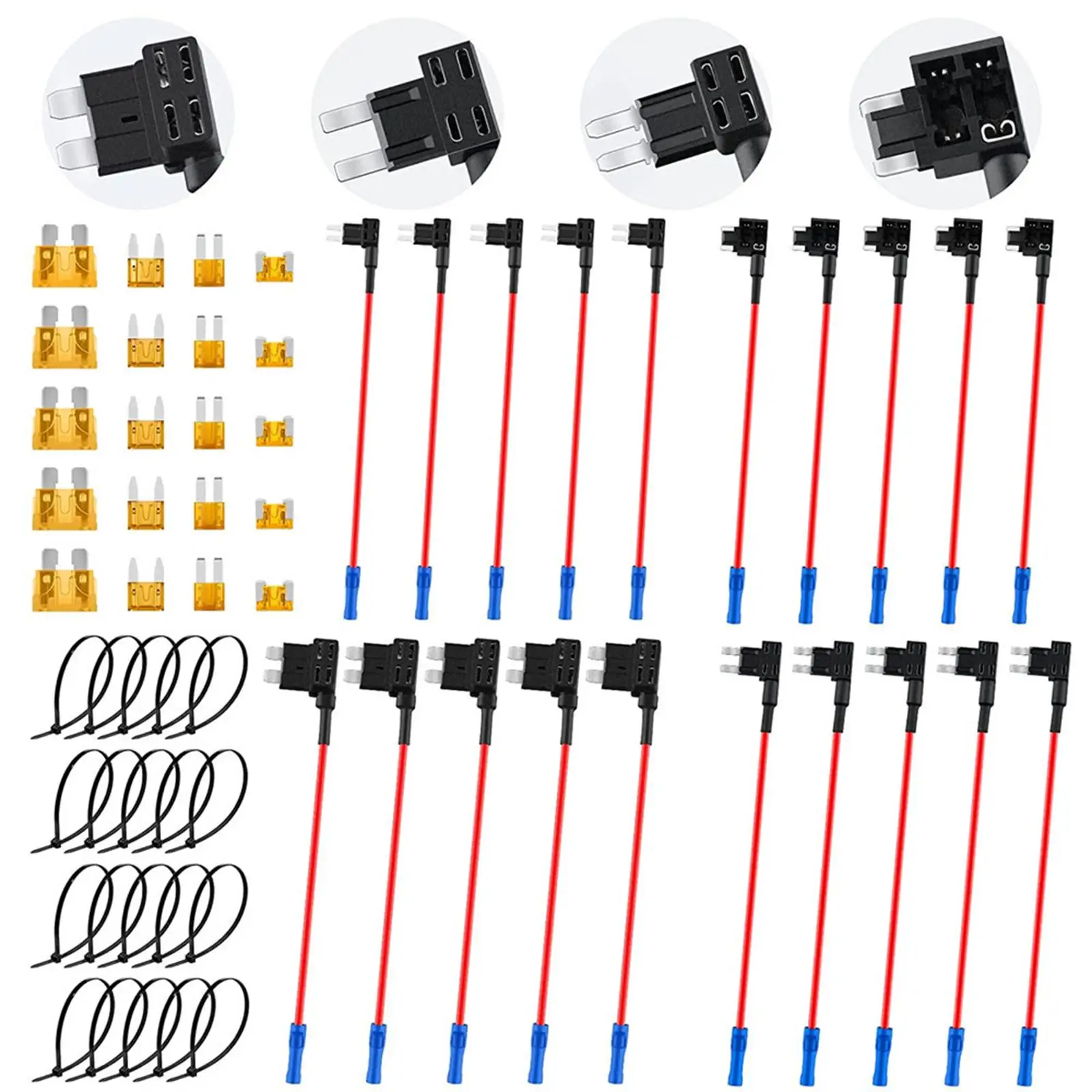20x Car Add A Circuit Fuse Tap Adapter Set Professional Easy Installation Heat Resistant with Cable Tie Mini for Hardwiring