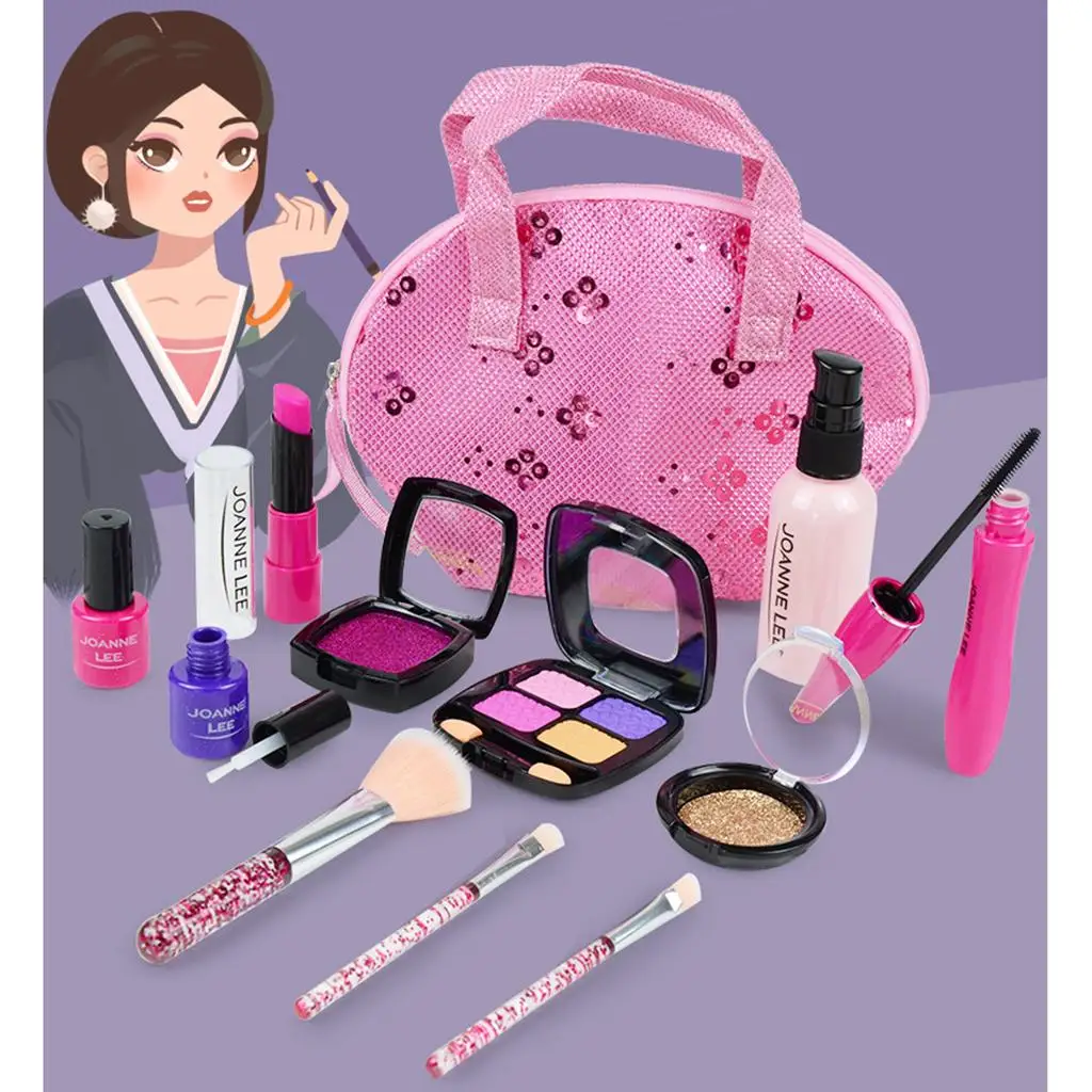 Plastic Kids Makeup Kit Kids Toys Nail Polish with Handbag for Birthday Christmas Gifts for Girls Age 3+
