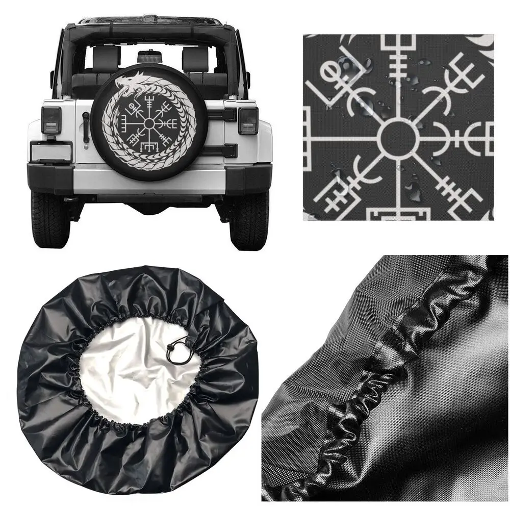 Vegvisir Jormungandr World Serpent Spare Tire Cover for Jeep Norse Viking Compass Car Wheel Protectors 14" 15" 16" 17" Inch car sun shade