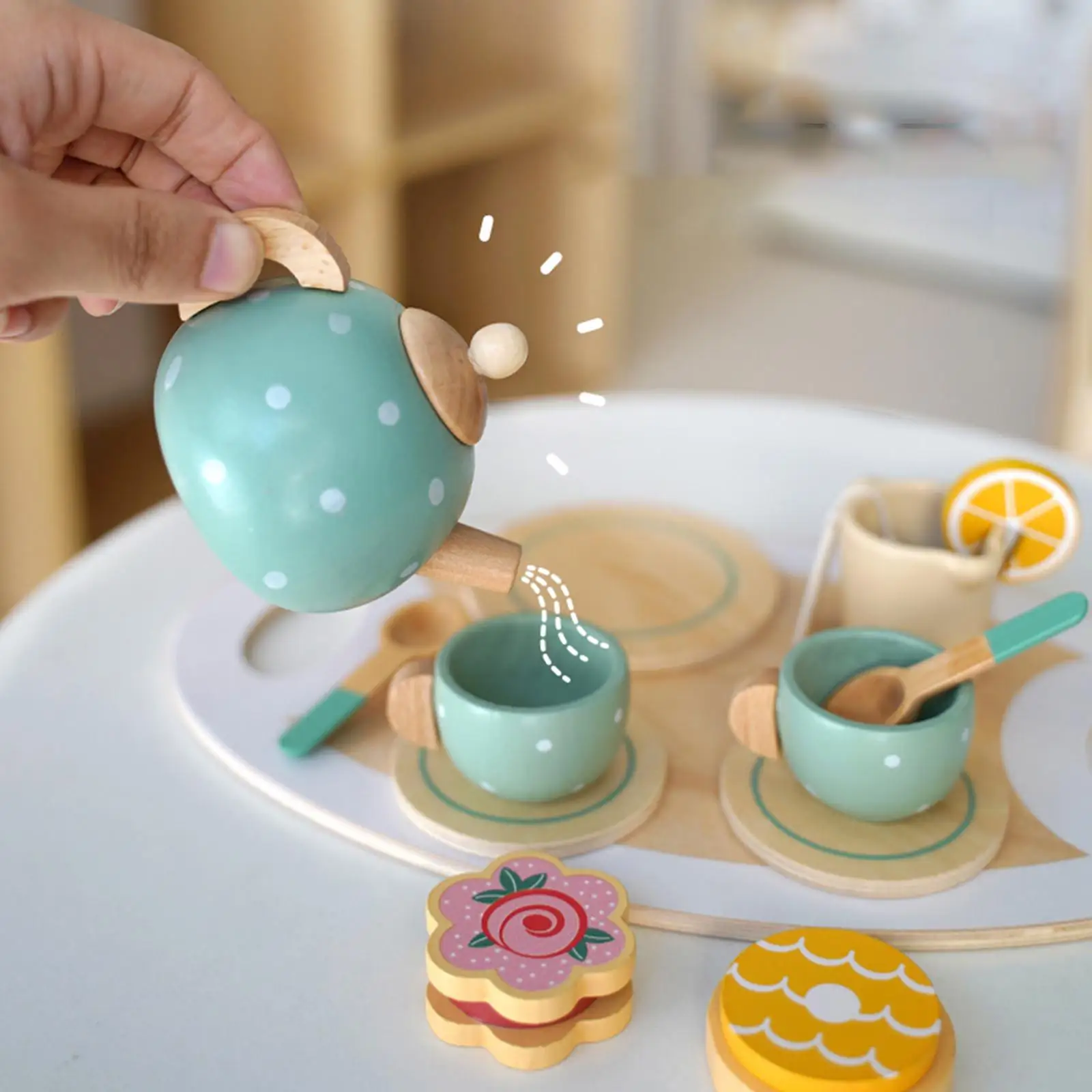 15 Pieces Tea Party Kitchen Playset Wooden Handiccraft Toy for Boy Girl Kids