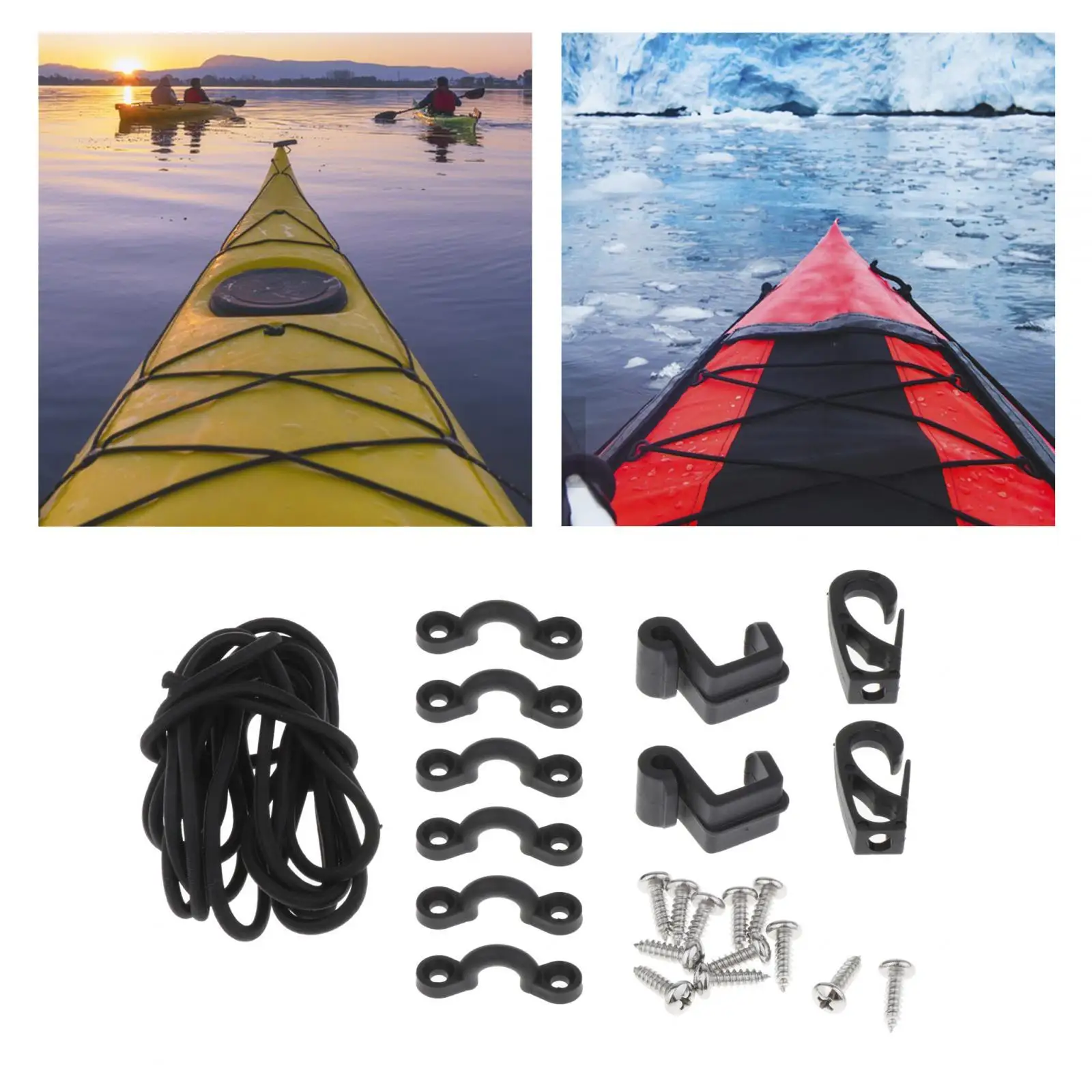 Deck Rigging Set Boat Canoes Kayak Rigging Boat Premium Kayak Accessories with 12 Screws Tie Down Pad Eye with Bungee Cord Hooks