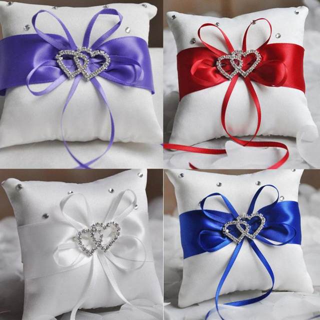 Coussin Anneau Mariage Strass Cœur - Porte-Bague Satin 10x10cm - Cérémonie Wedding Blanc/Rouge/Bleu