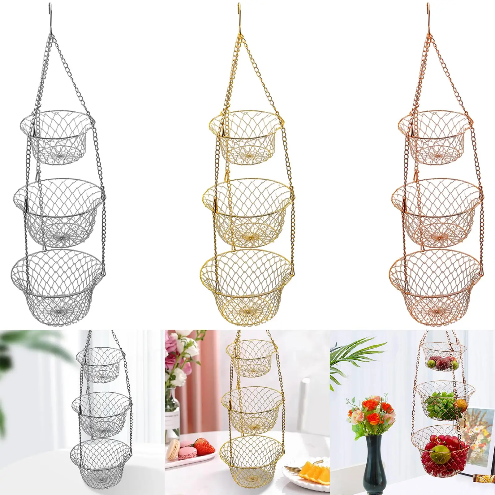 3 Tier Fruit Basket,Vegetable Kitchen Storage Basket Chain Hanging Space Saving Rustic Country Style