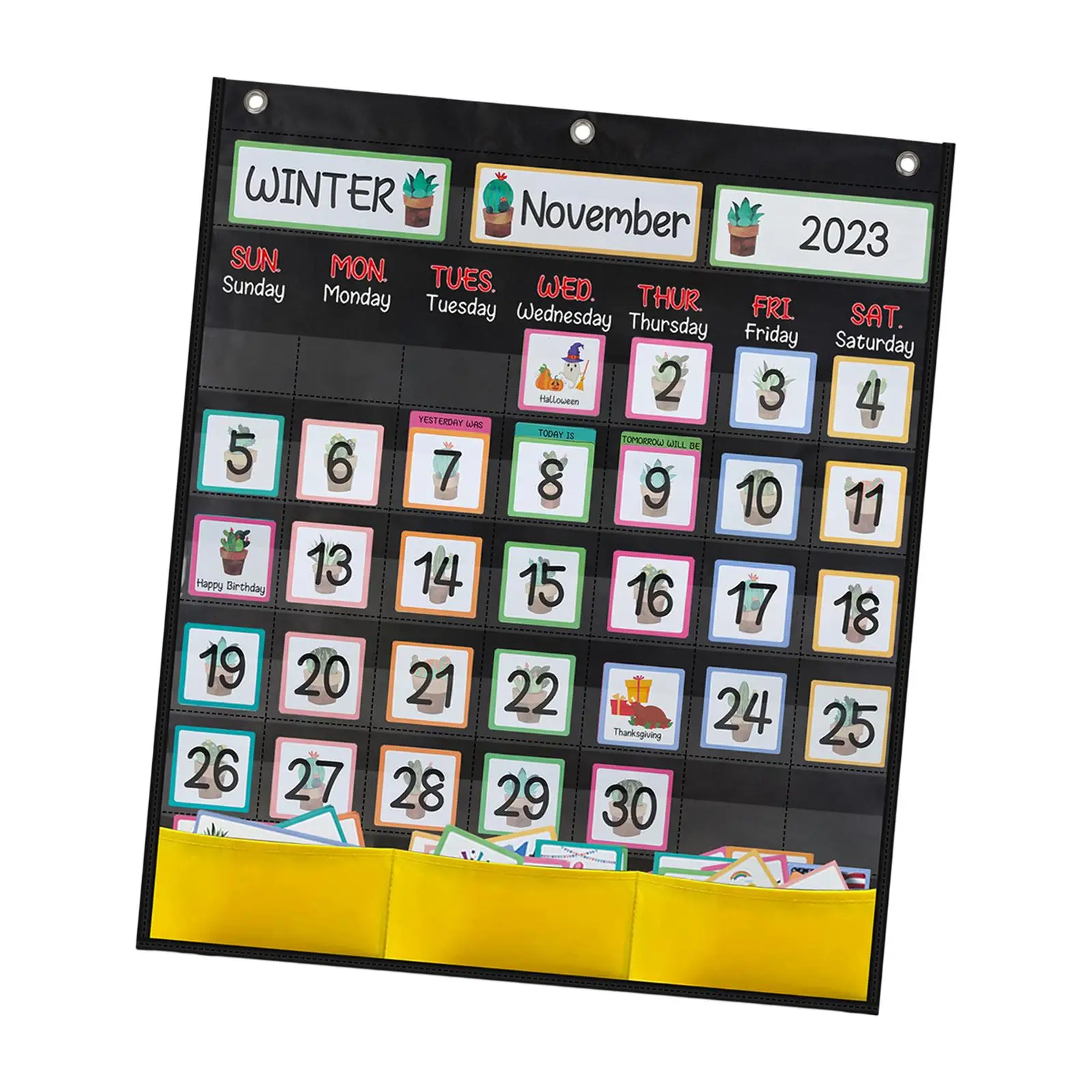 Calendar Pocket Chart Black Early Learning Supplies with 89 Cards and 3 Hooks Classroom Calendar for Homeschool Kindergarten