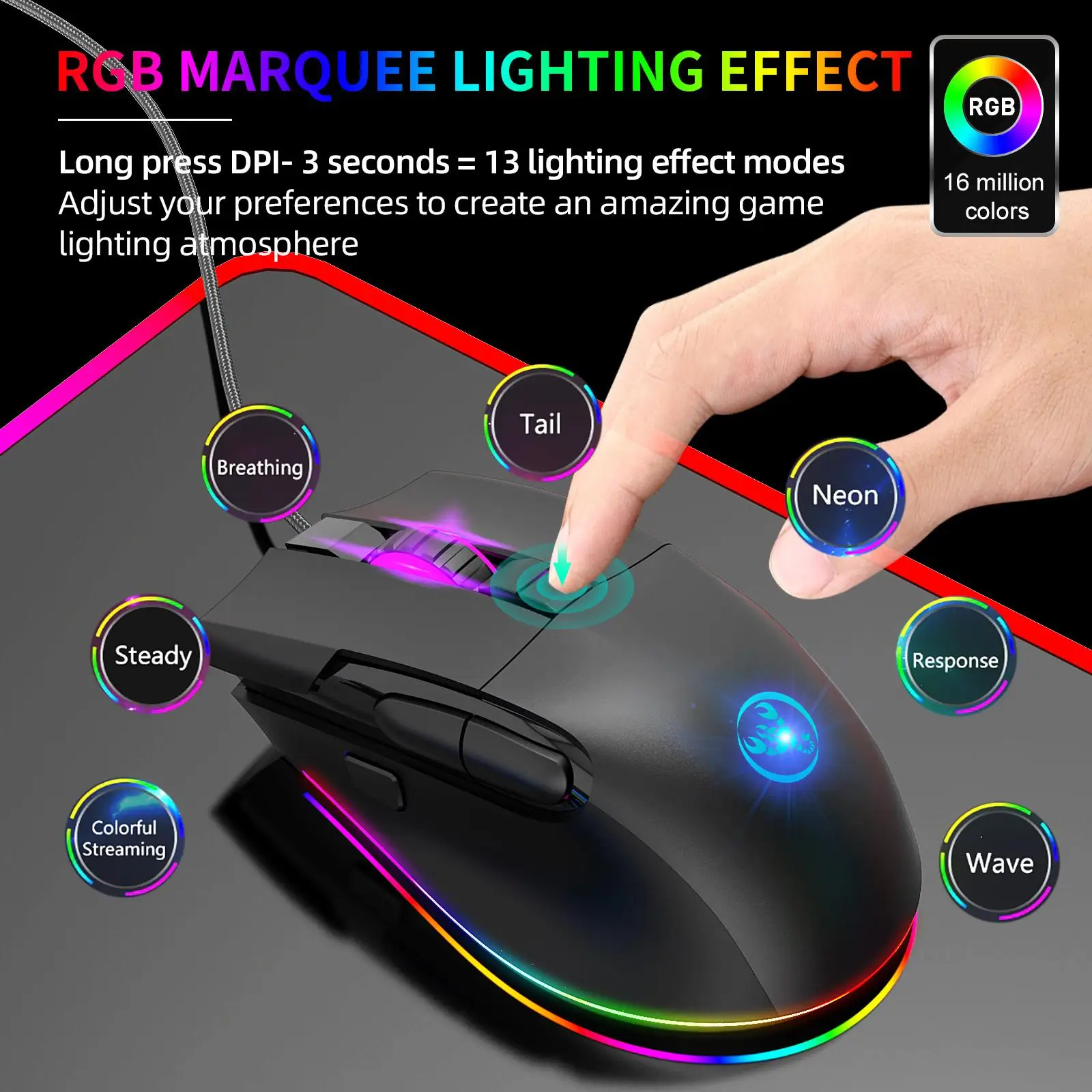 8D Wired Gaming Mouse Fire Button 13 RGB Lighting Modes Adjustable 7200 DPI Ergonomic 8 Buttons Computer Mice for Laptop Desktop