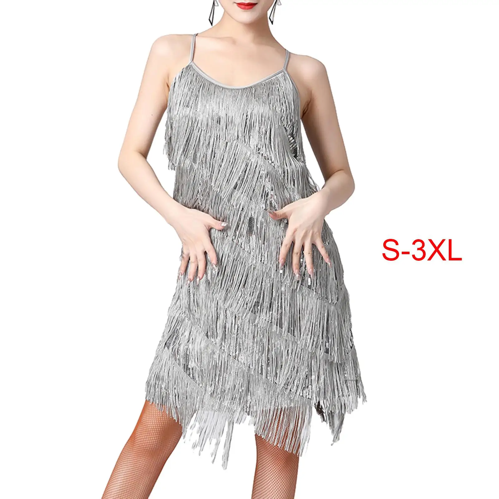 Women`s Flapper Dress Dress Competition Clothes Soft Ladies Sequin Tassel Dress for Ballroom Tango Prom Performance Rumba