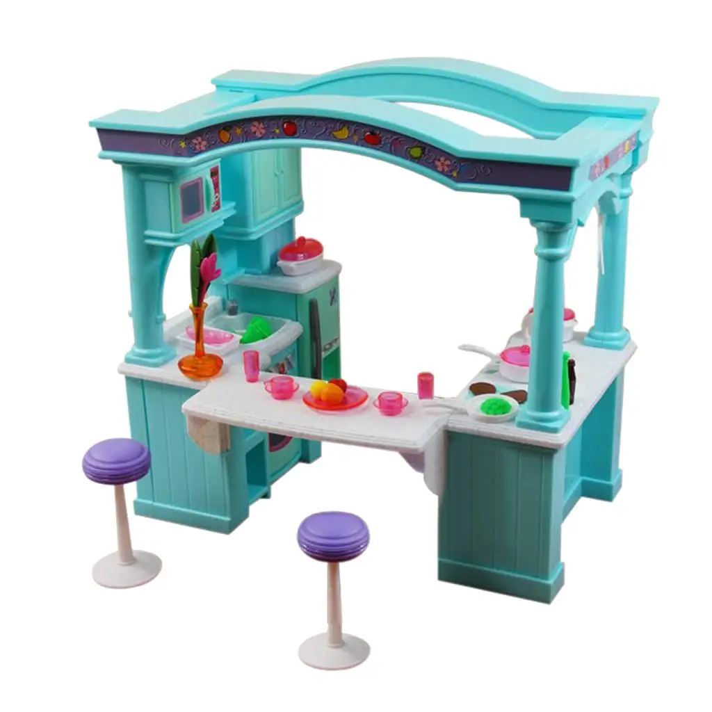 Dollhouse Kitchen Furniture, 1/6  Stool  & Tableware Set, Mini Model Decor, Kids Pretend Toy