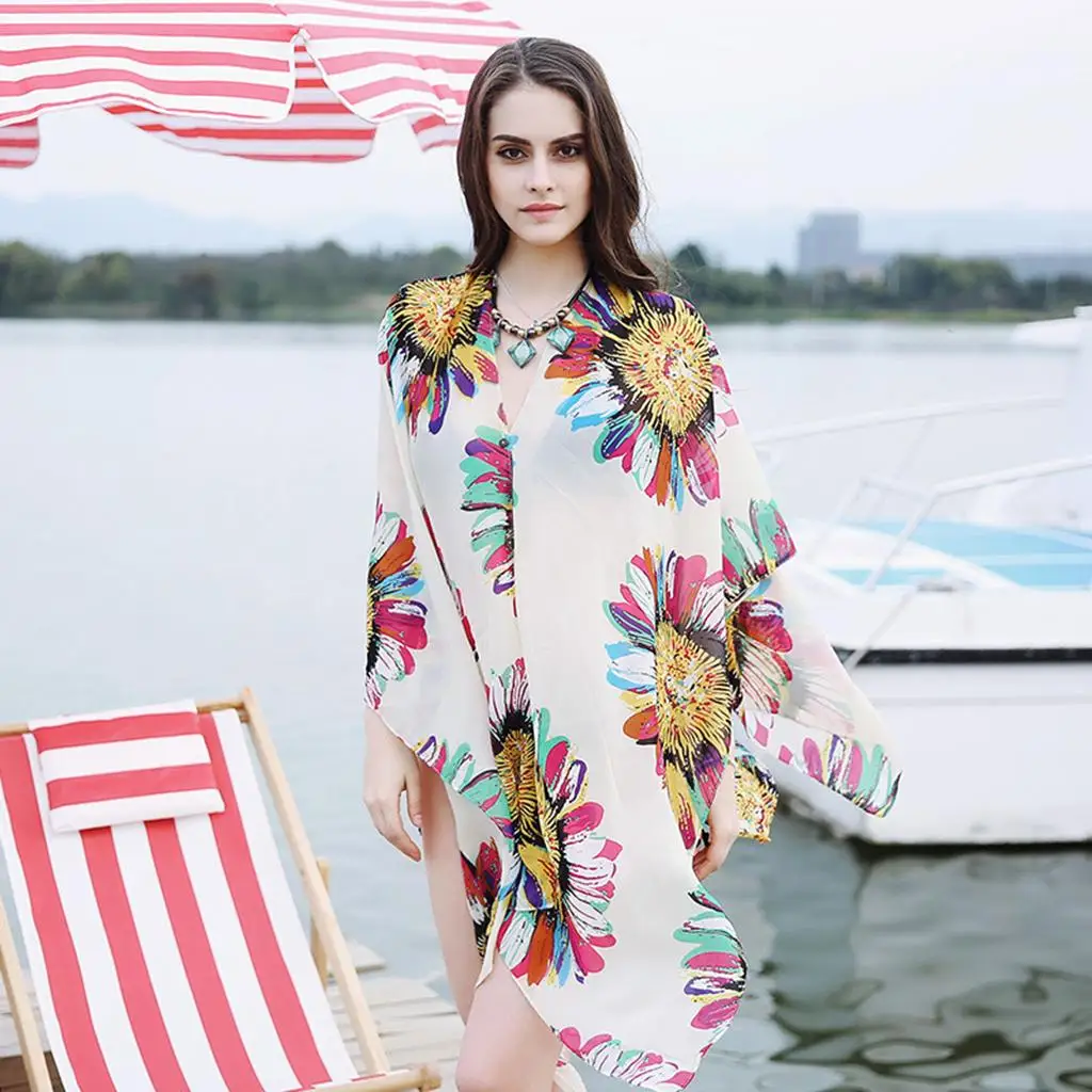Chiffon Blouse Dress with Beach Swimsuit And Kimono Cardigan
