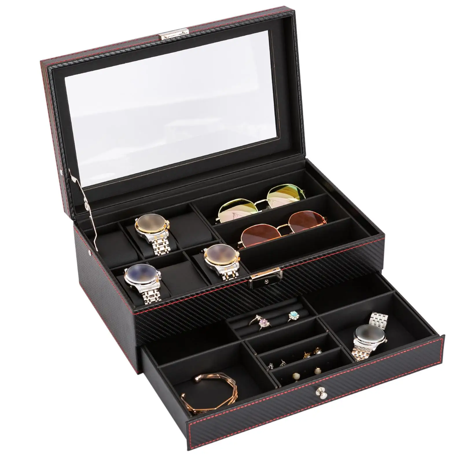 Double Layer Jewelry Display Case PU Leather Multifunctional Portable Watch Storage Box for Earrings Necklace Home Decoration