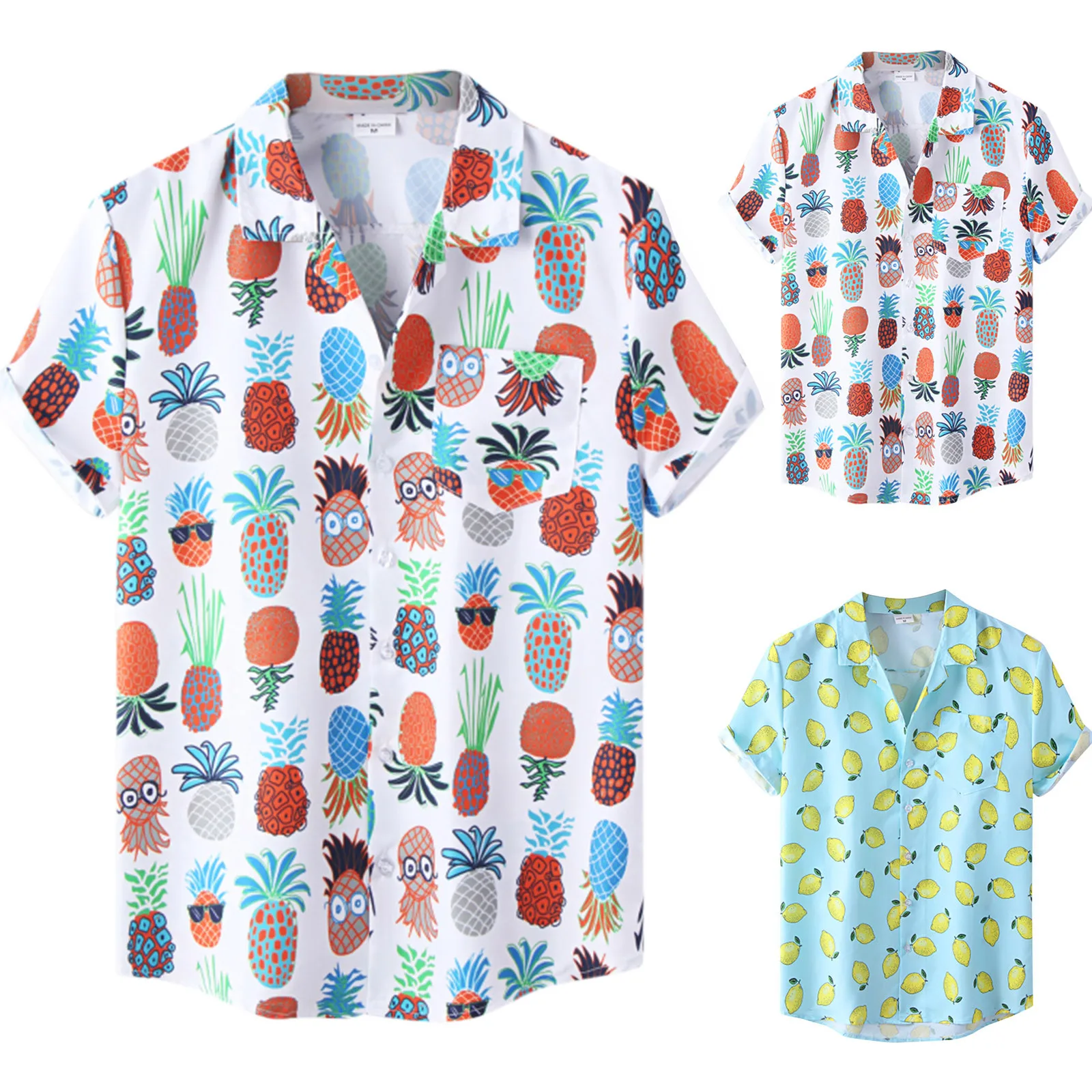 2022 Men's Hawaiian Shirt Men Lemon Print Short Sleeve Fresh Green Shirt Lapel Single Button Shirt Casual Beach Shirts Chemise
