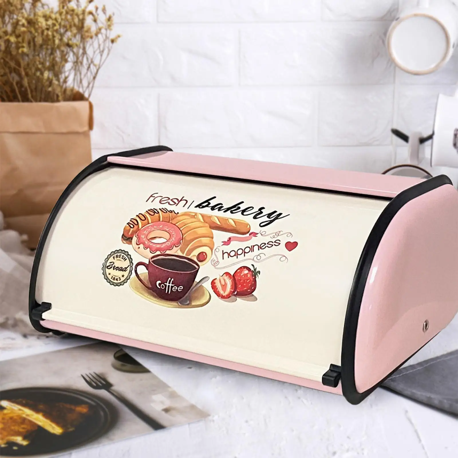Bread Box Large with Roll Top Lid Farmhouse Style Gifts Vintage Bin Storage for Kitchen Decor Home Countertop Bagels Loaves