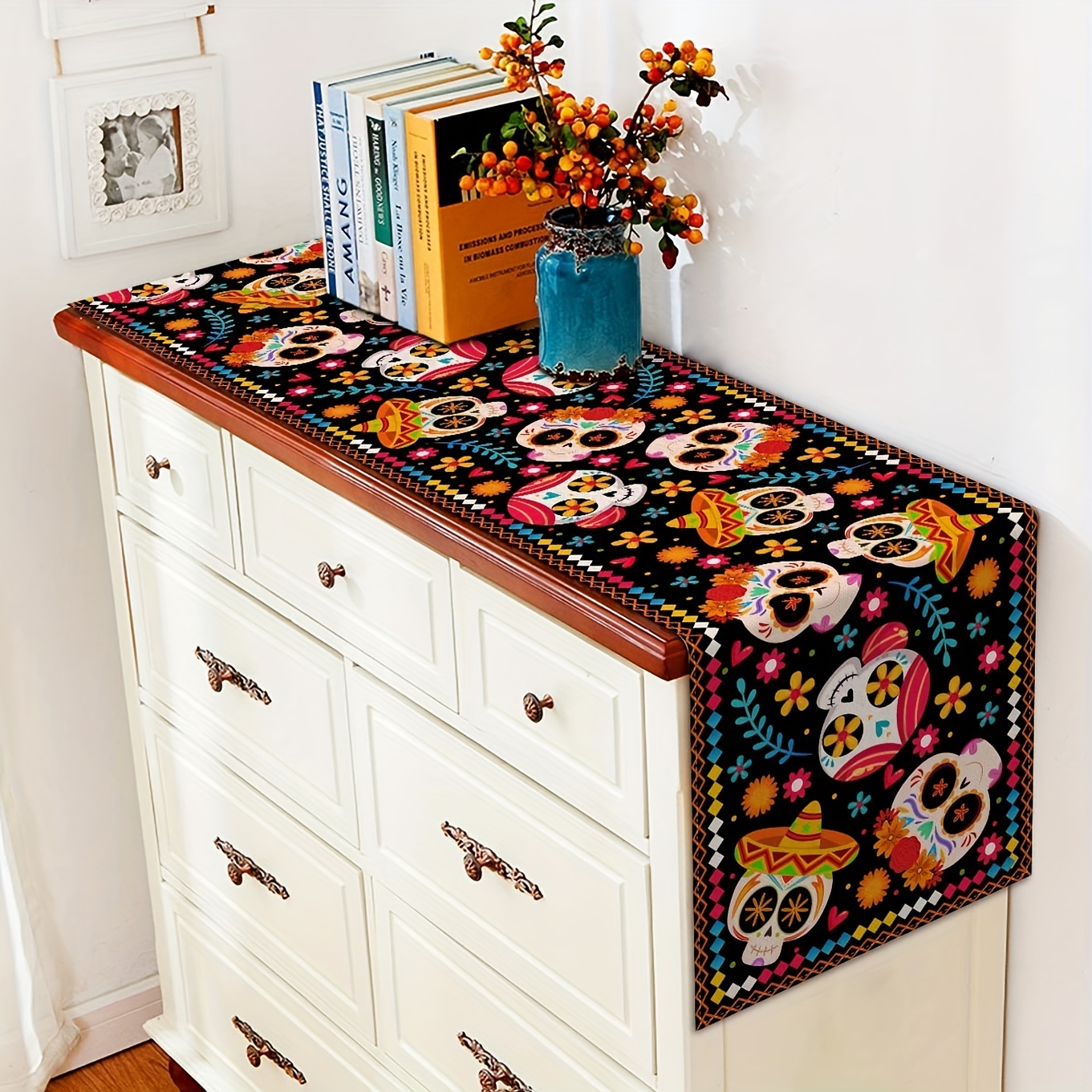 Description Picture 4 of itemMexico Day of The Dead Linen Table Runners Table Decor Candy Skull Dia De Los Murtos Dining Table Runners Holiday Decorations