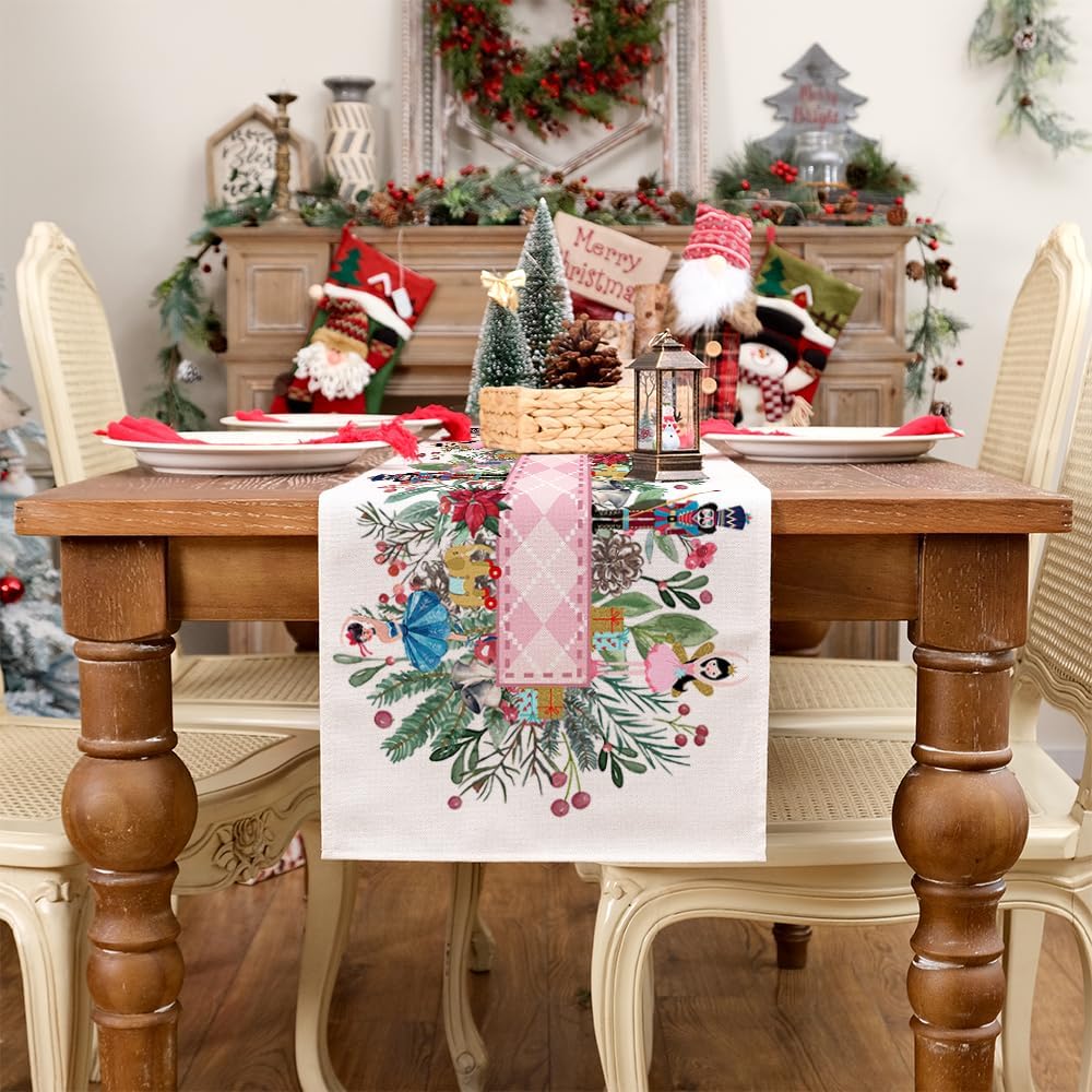 Description Picture 4 of itemChristmas Nutcracker Flower Tree Linen Table Runners Dresser Scarf Table Decor Xmas Dining Table Runners Christmas Decorations
