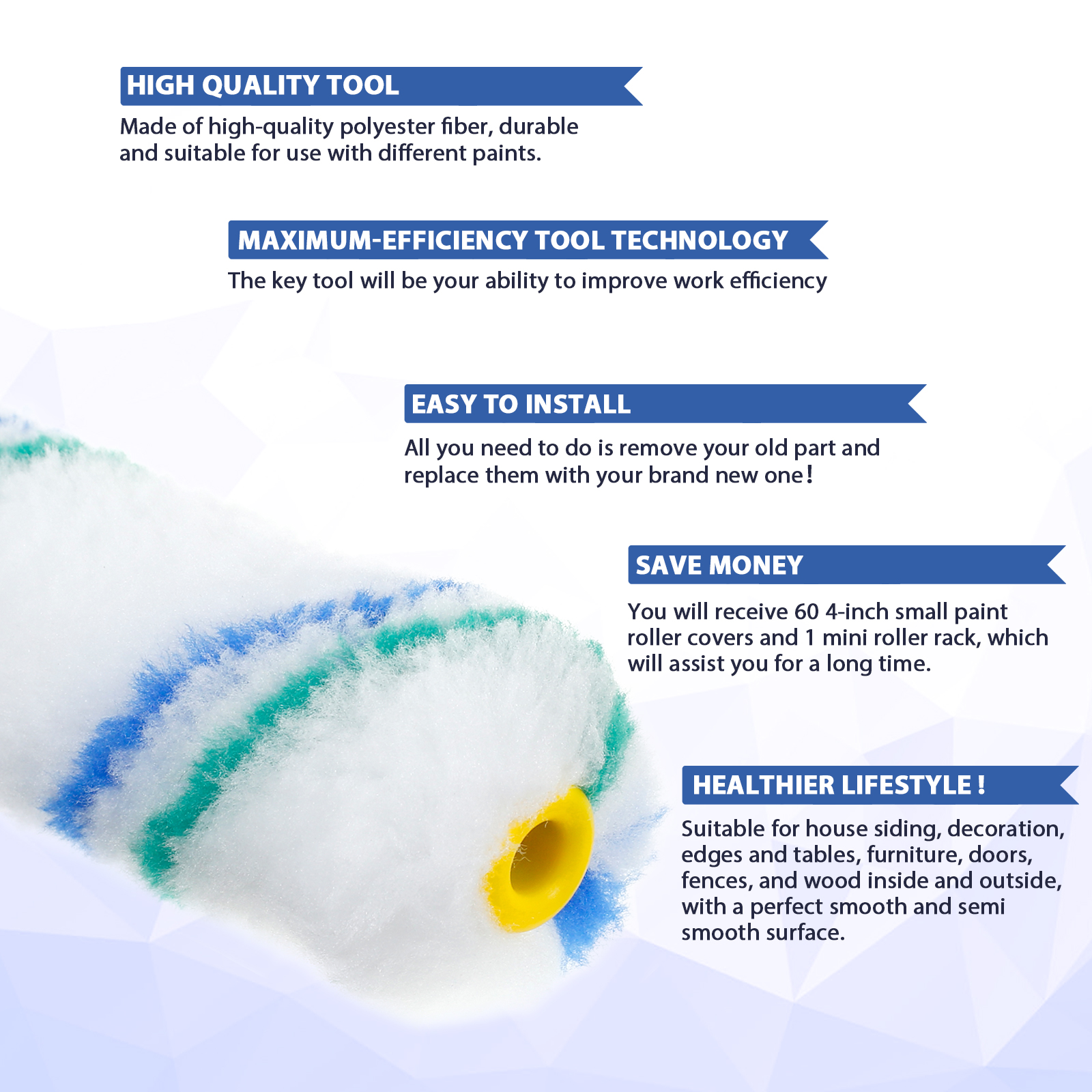 Description Picture 6 of item61Pcs Paint Roller Covers Kit 4in Paint Rollers Polyester Paint Roller Brush Reusable Paint Roller Handle with 60 Roller Brush