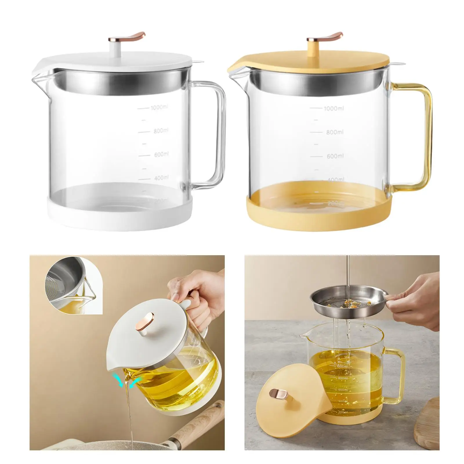 Transparent Grease Container with Strainer 1000ml Storage Tank Fat Separator and Lid Oil Filter Pot Cooking Oil Container