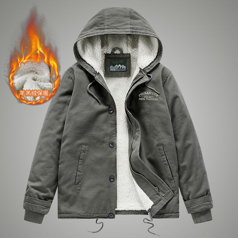 Men's Jacket Hooded Parkas Lamb Fur Lining Men's Winter Jackets Plush Men's Cold Jacket Thickening Motorcycle Jacket