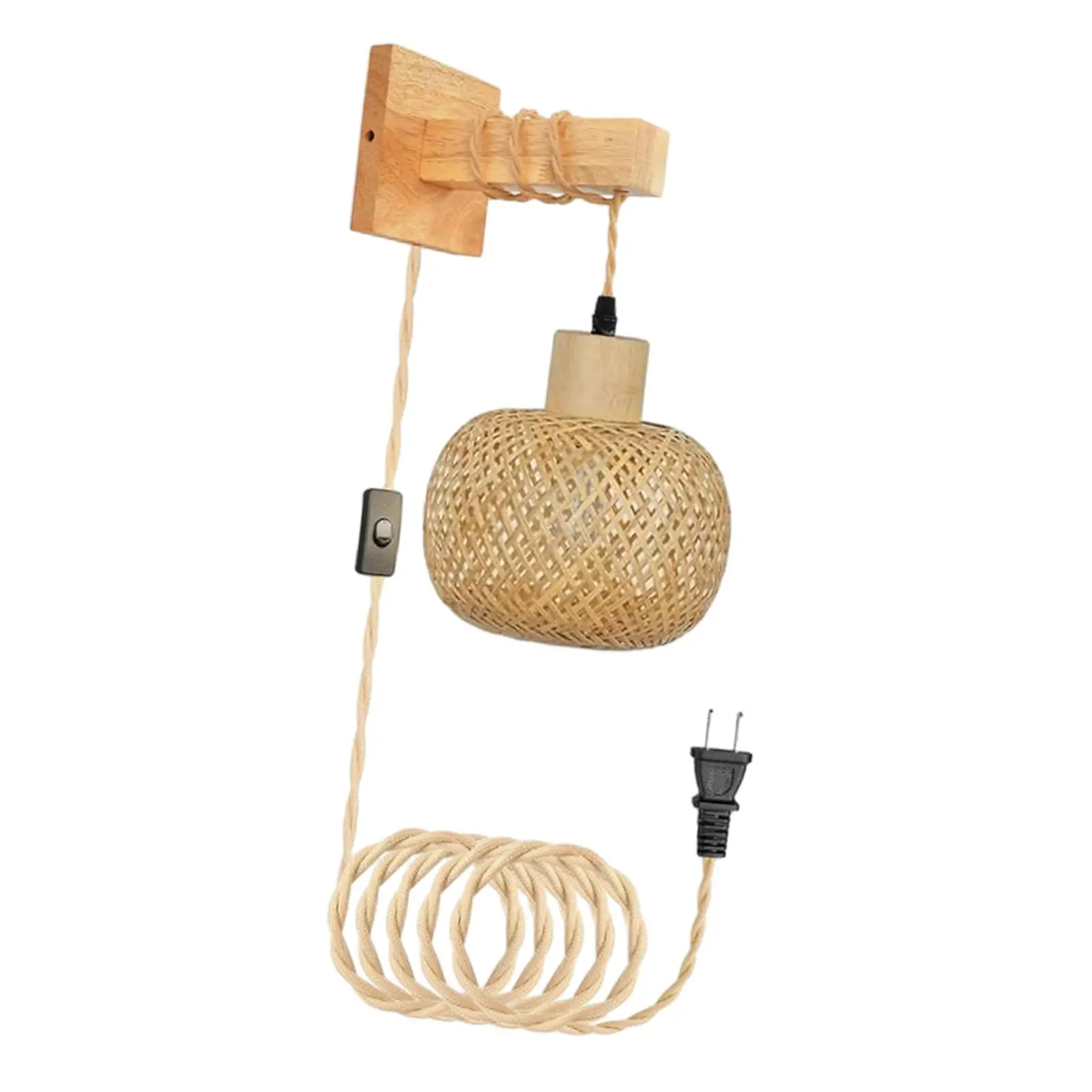 Bamboo Wall Sconce Hand Woven Rustic Plug in Pendant Light Farmhouse Hanging Lamp for Reading Bedroom Home Bathroom Kitchen