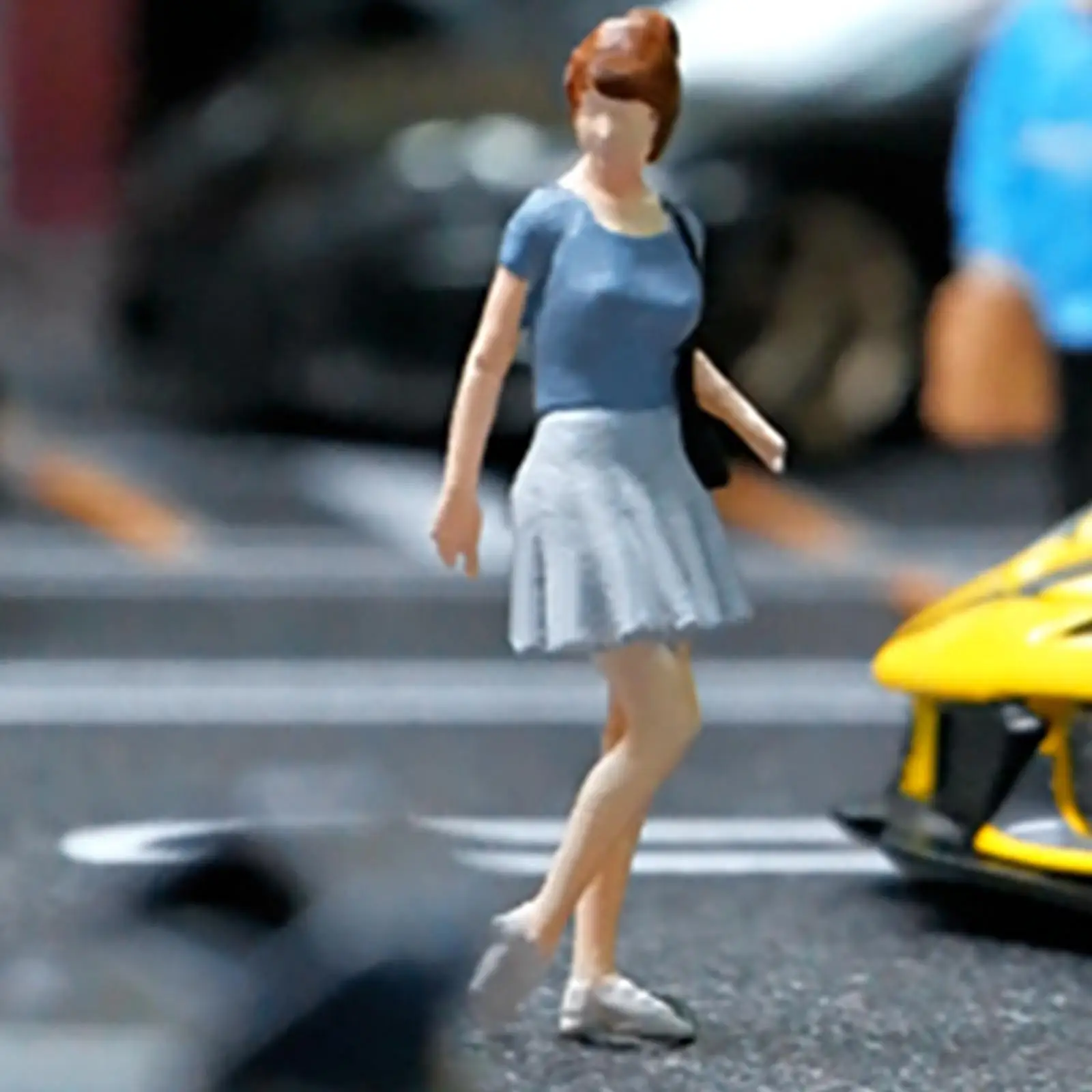 1/64 Miniature Figure Blue Skirt Girl Realistic Mini Handpainted Scene Layout for Dollhouse Accessories Railway Desktop Ornament