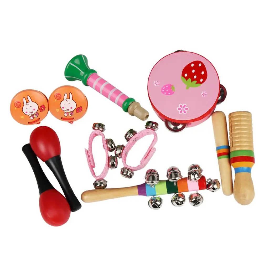 Muscial Instrument Set 7 Kinds Tambourine Drum Percussion Toys for Kids Toddlers Pink