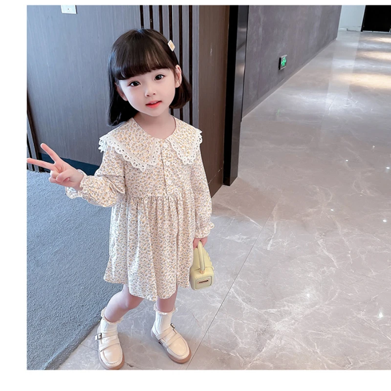 New Spring Autumn Sweet Fresh Floret Lapel Casual Style Cotton Pastoral Princess Dress Floral Pattern Dress for Girl smocked baby dresses