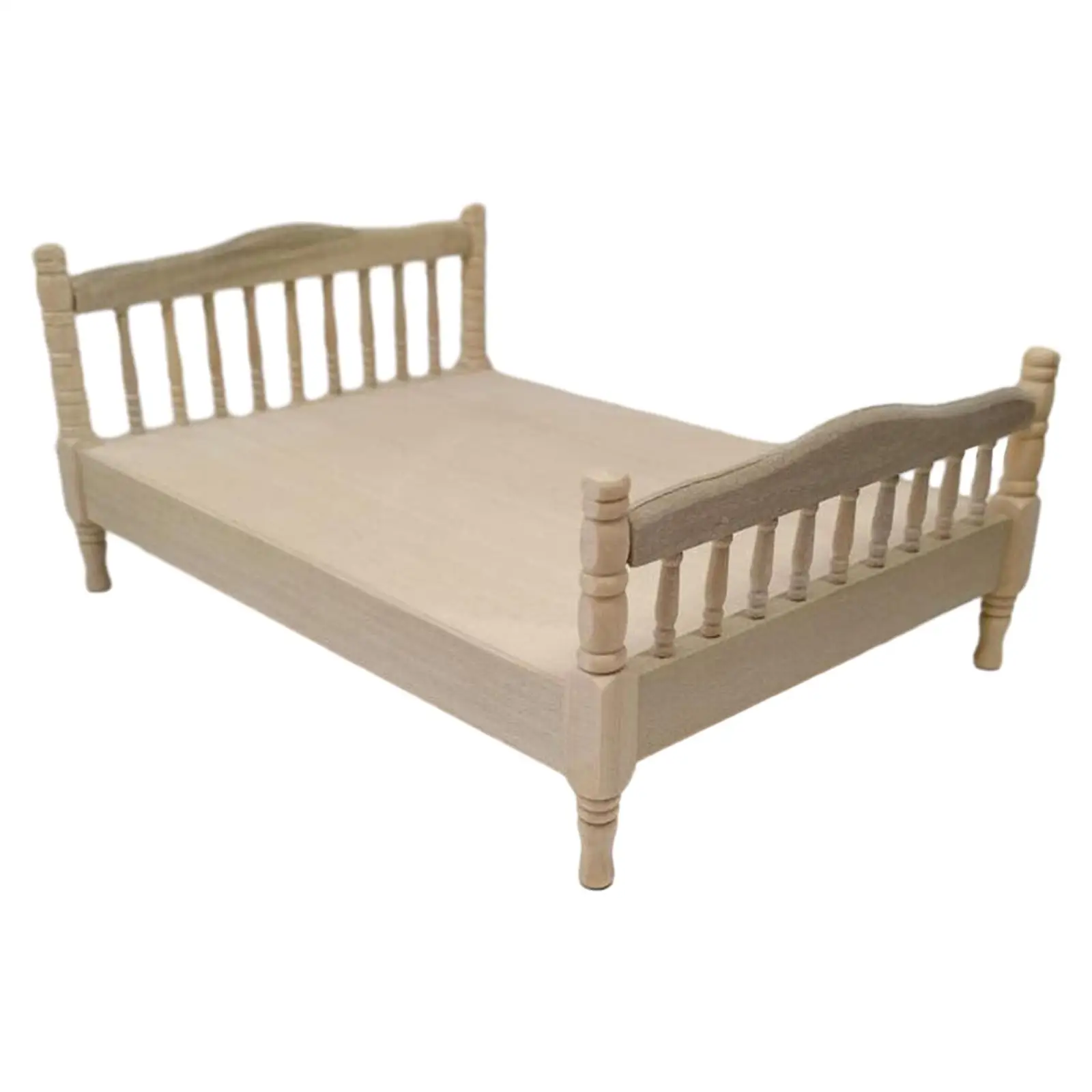 1:12 European Double Bed Model, Miniature Bedroom Furniture, Wooden Mini Bed for Accessories