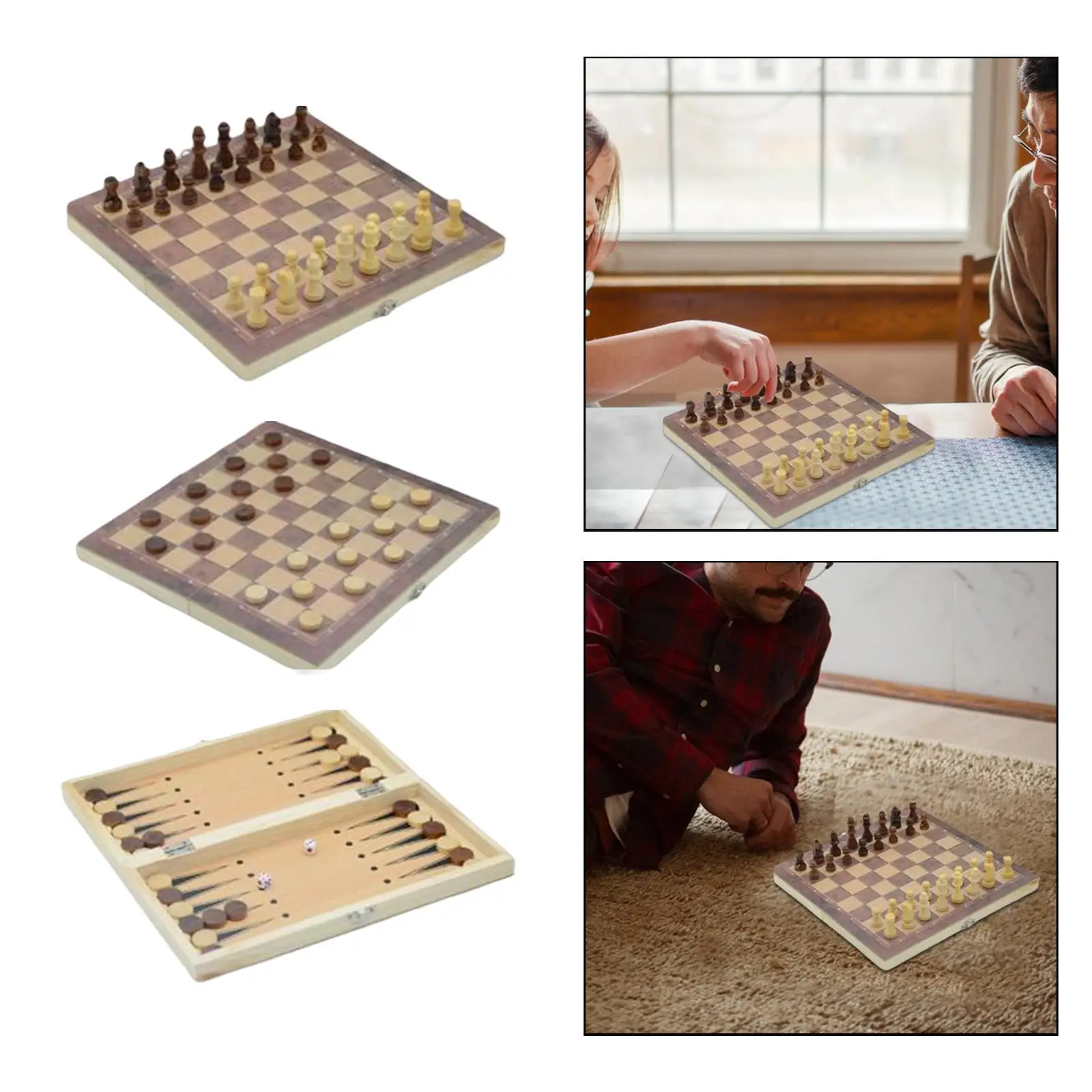 Wooden Chess Set Folding Board Educational Toys Portable Chess Checkers Backgammon Sets Beginner Chess for Travel Adults Kids