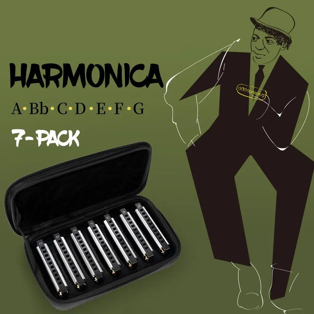 Seven Piece Harmonica Set - Key of G, A, Bb, C, D, E, F w/ Case Pack