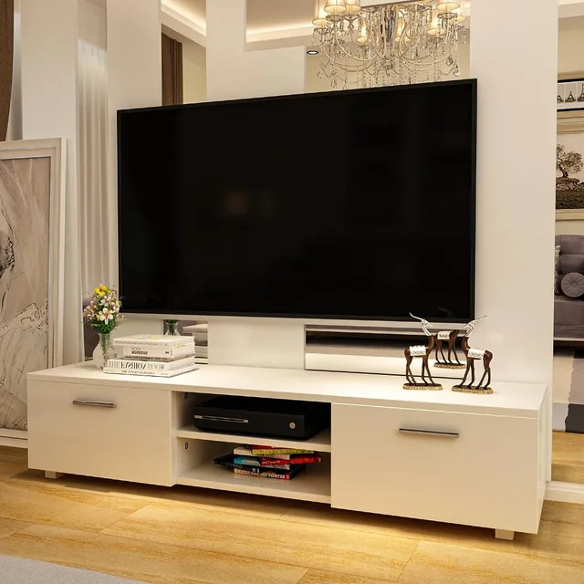 jeerbly Meuble TV LED 70, 16 couleurs de fond LED, deux grands tiroirs,  support de télévision moderne pour salon, blanc : : Maison