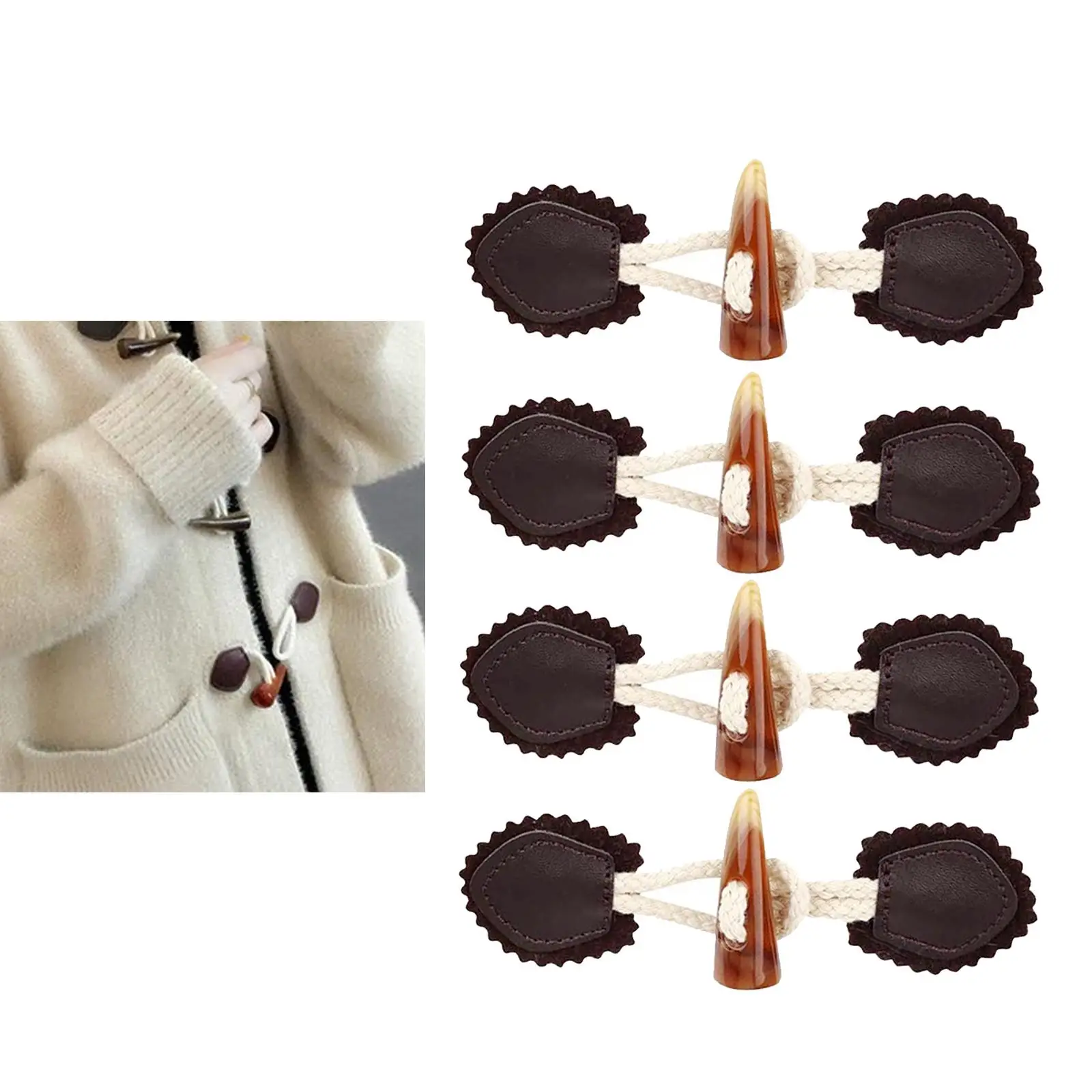 4 Pairs Horn Buttons Duffle Coat Jacket Fasteners Toggle with Leather Patch Buckle Buttons for Overcoat Decor Sewing Accessories